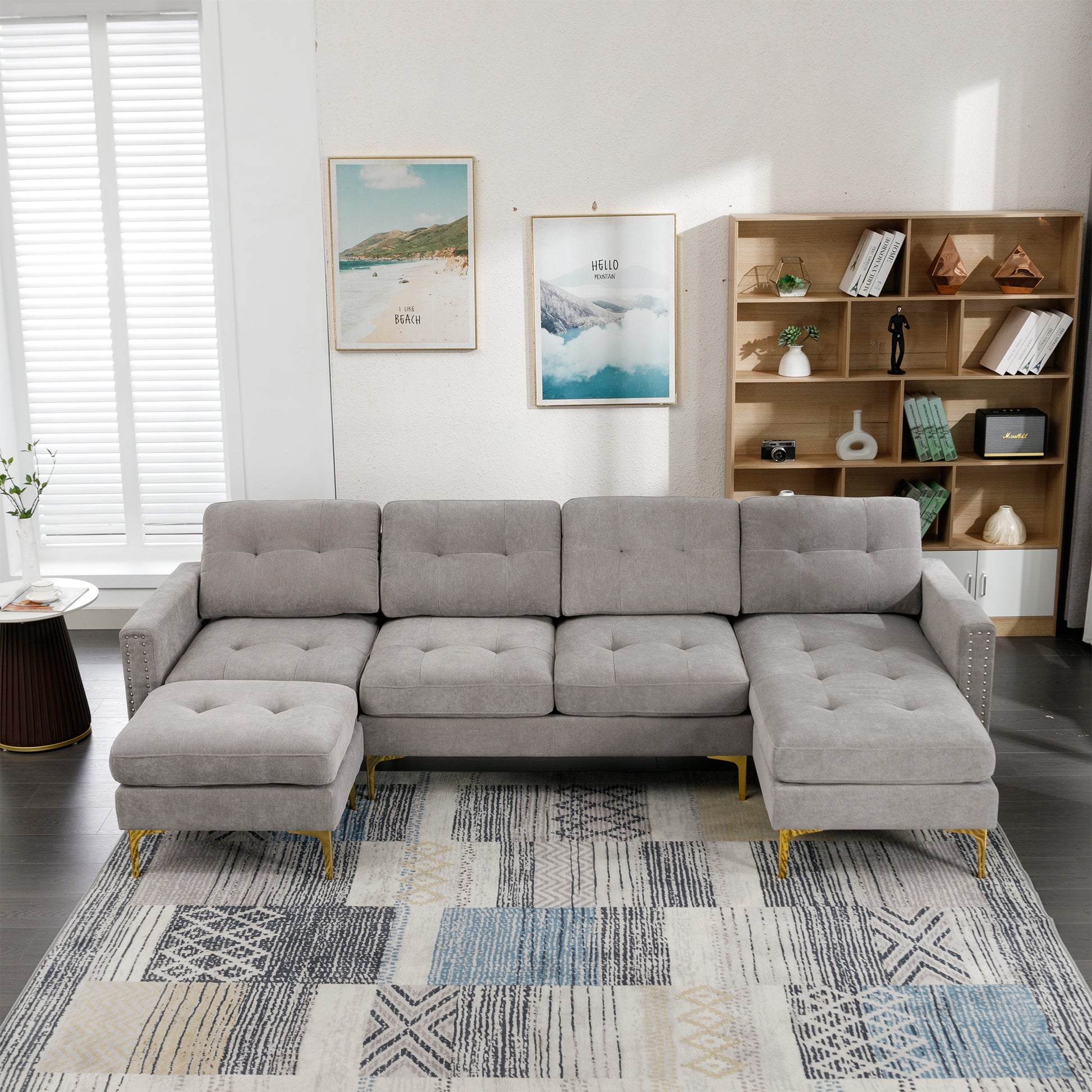 110" L Shape Convertible Sectional Sofa Couch With Movable Ottoman For Living Room, Apartment, Office, Light Grey Light Grey Foam Velvet 4 Seat