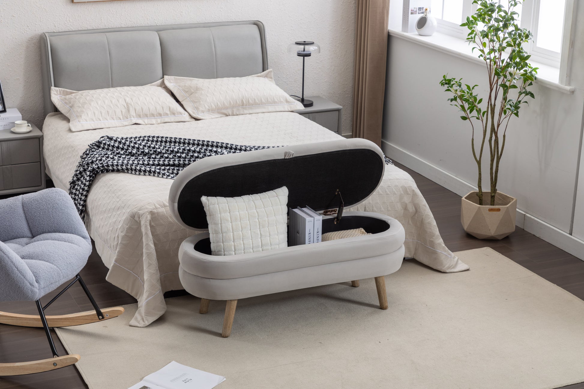 036 Velvet Fabric Storage Bench Bedroom Bench With Wood Legs For Living Room Bedroom Indoor,Light Gray Tufted Light Gray Velvet Bedroom Solid Modern Eucalyptus Internal Storage Foam Velvet