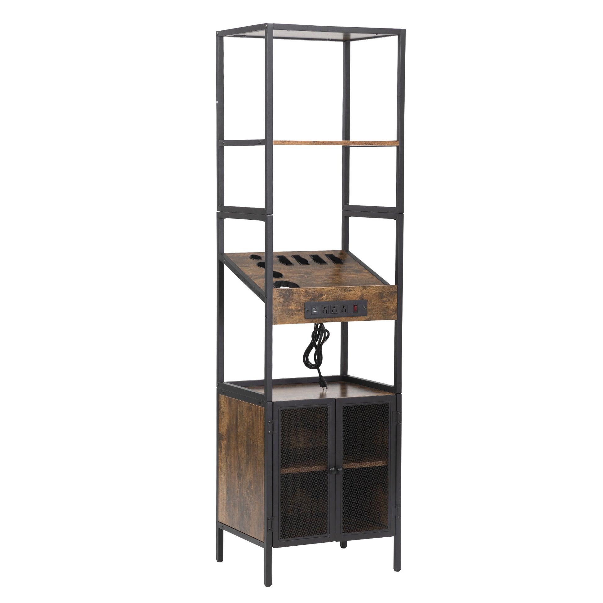 Salon Storage Cabinet With Open Shelves And Hair Dryer Holders, Vintage Brown Brown Mdf
