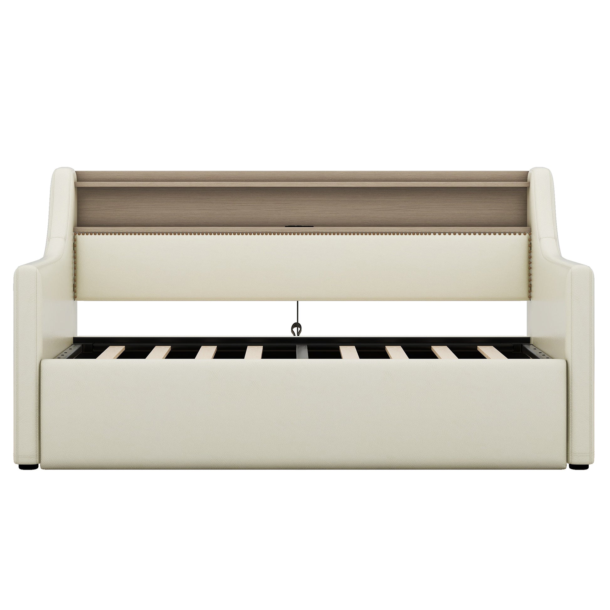 Twin Size Daybed With Hydraulic Storage, Upholstered Daybed With Lift Up Storage, Twin Leather Daybed With Charging Station And Led Lights,Beige Twin Beige Pu Leather