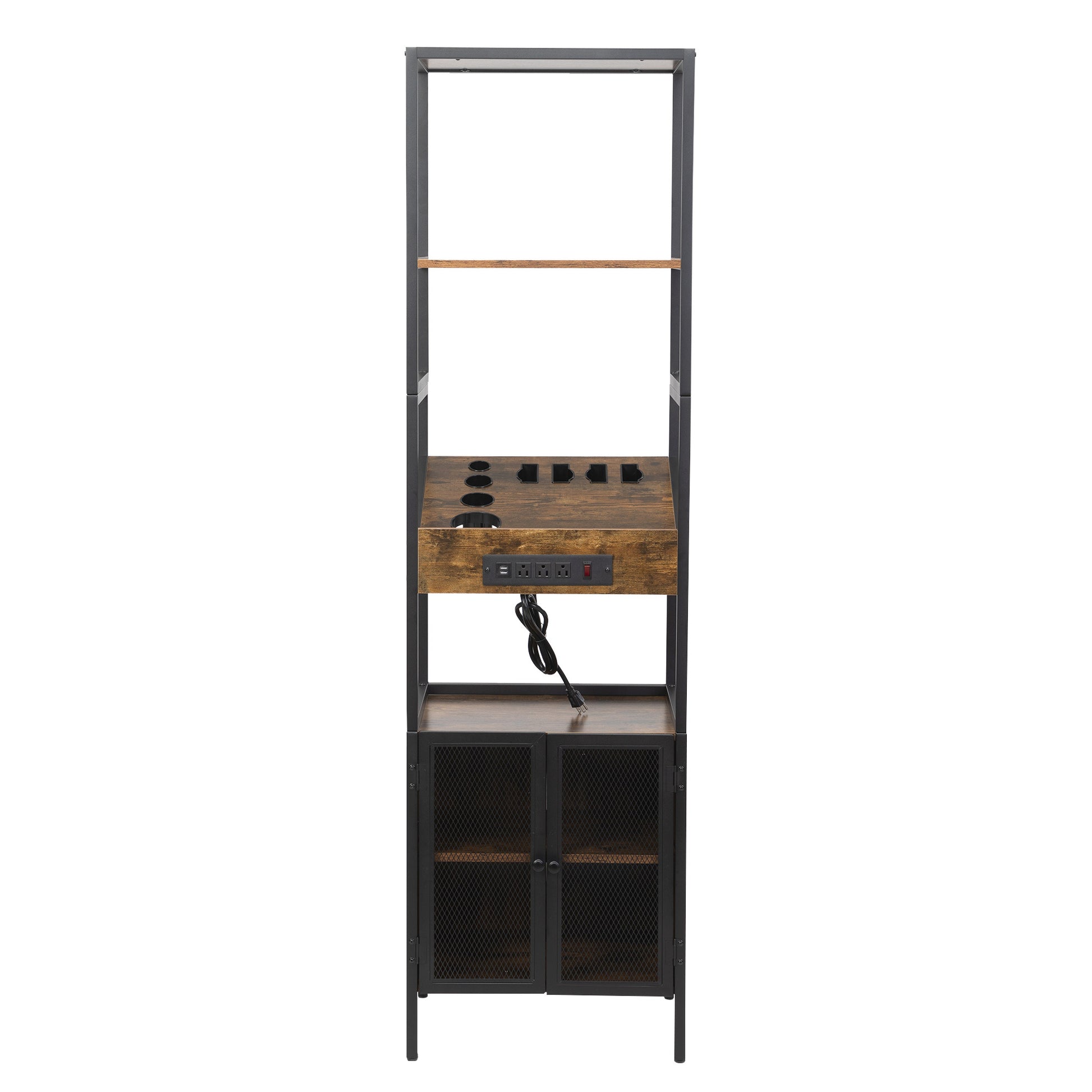 Salon Storage Cabinet With Open Shelves And Hair Dryer Holders, Vintage Brown Brown Mdf