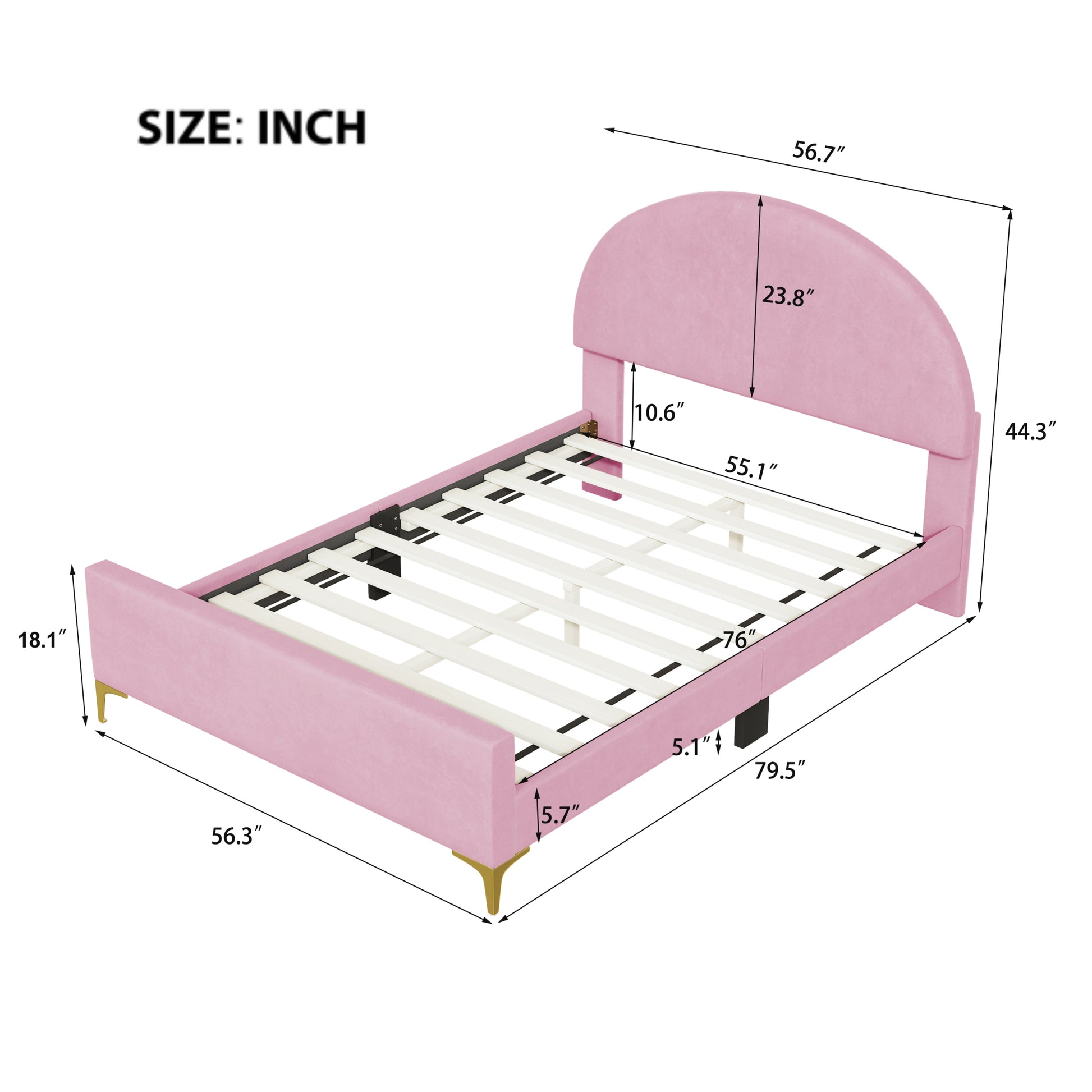 Full Size Upholstered Platform Bed With Classic Semi Circle Shaped Headboard And Mental Legs, Velvet, Pink Pink Velvet