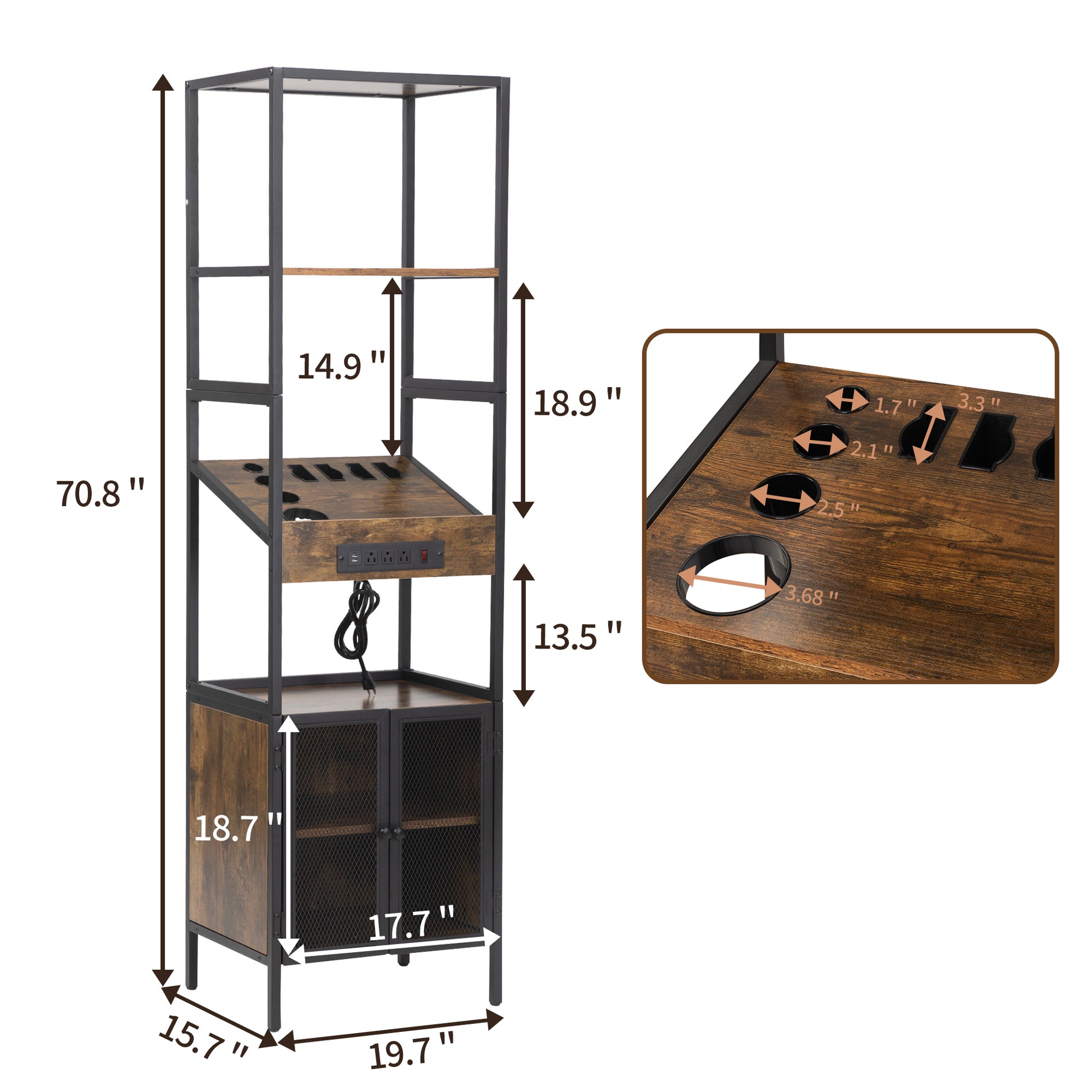 Salon Storage Cabinet With Open Shelves And Hair Dryer Holders, Vintage Brown Brown Mdf
