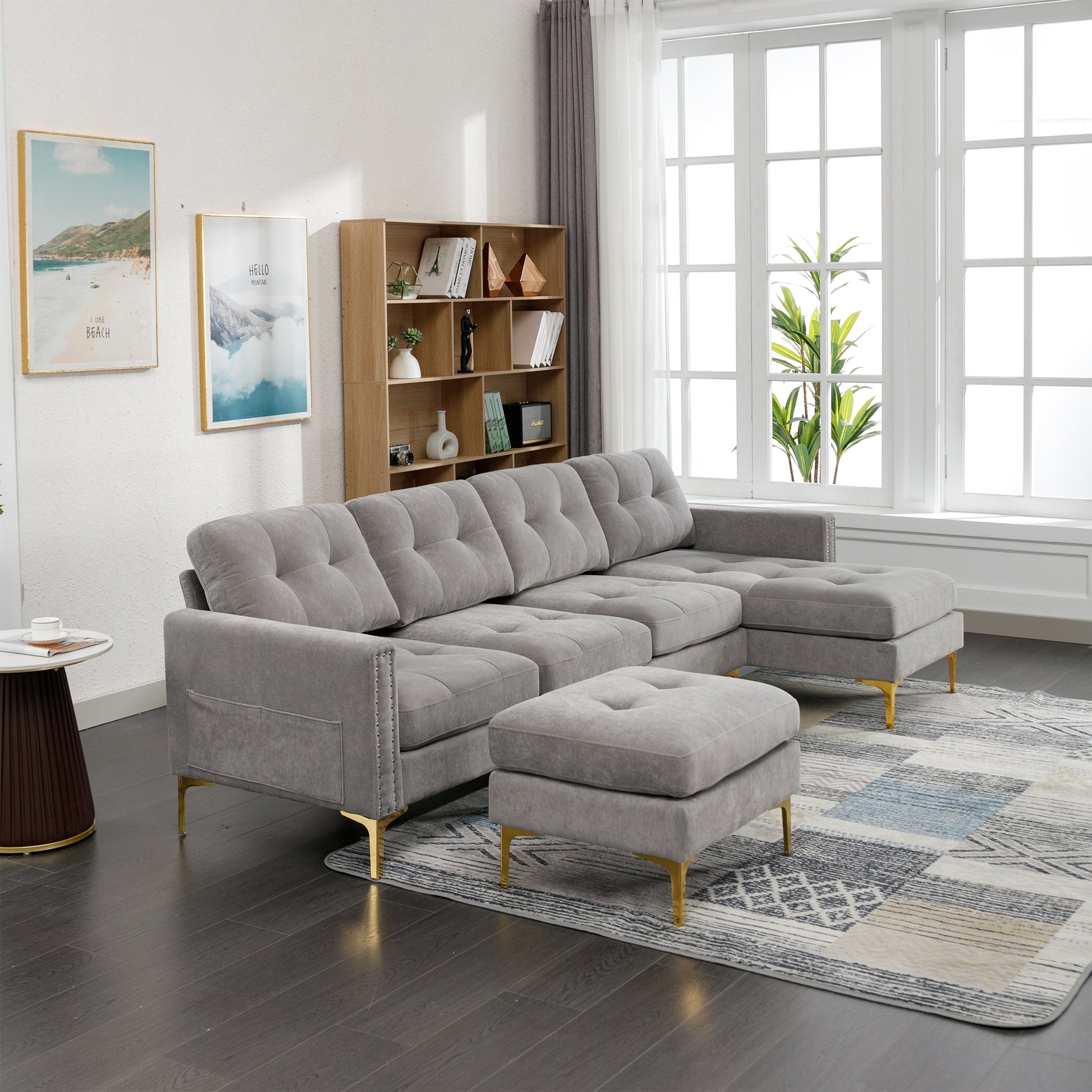 110" L Shape Convertible Sectional Sofa Couch With Movable Ottoman For Living Room, Apartment, Office, Light Grey Light Grey Foam Velvet 4 Seat