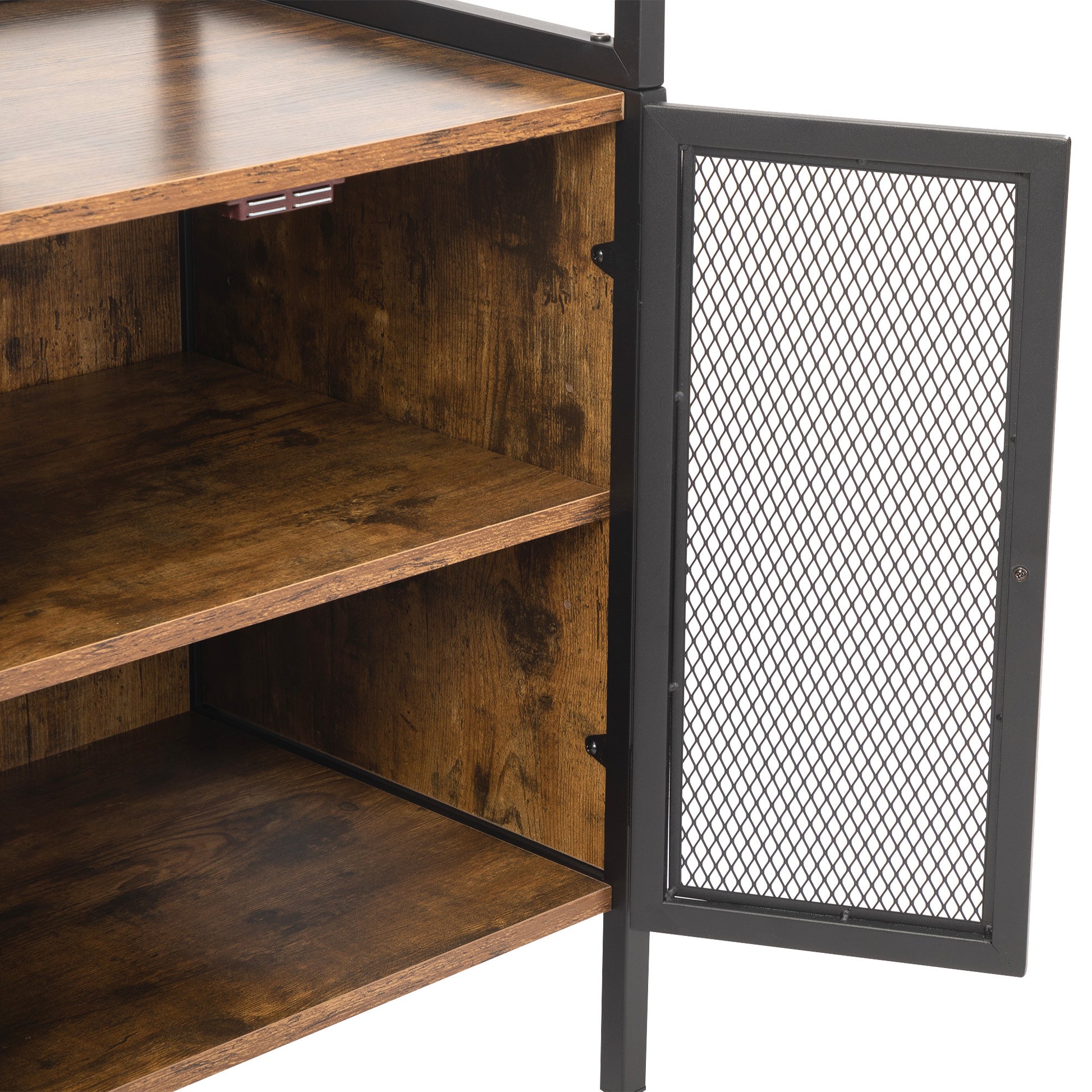 Salon Storage Cabinet With Open Shelves And Hair Dryer Holders, Vintage Brown Brown Mdf