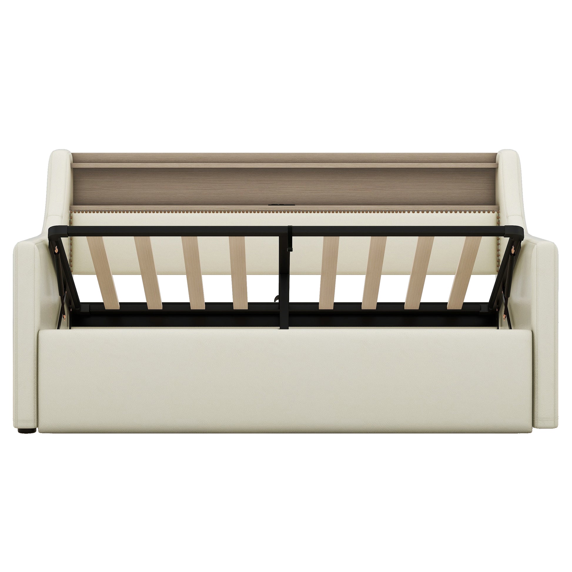 Twin Size Daybed With Hydraulic Storage, Upholstered Daybed With Lift Up Storage, Twin Leather Daybed With Charging Station And Led Lights,Beige Twin Beige Pu Leather