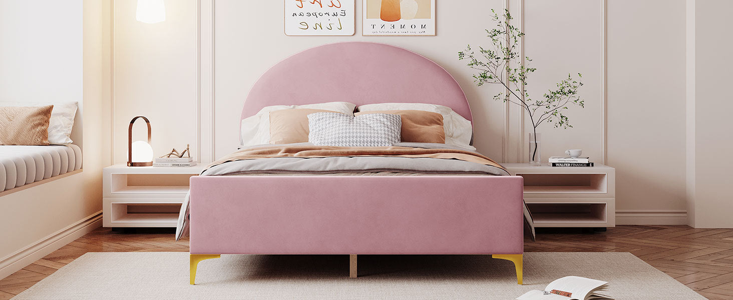 Full Size Upholstered Platform Bed With Classic Semi Circle Shaped Headboard And Mental Legs, Velvet, Pink Pink Velvet