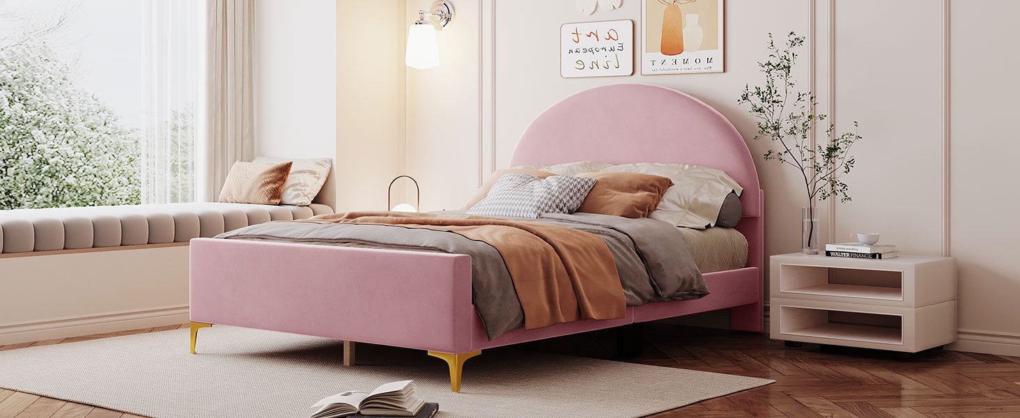 Full Size Upholstered Platform Bed With Classic Semi Circle Shaped Headboard And Mental Legs, Velvet, Pink Pink Velvet