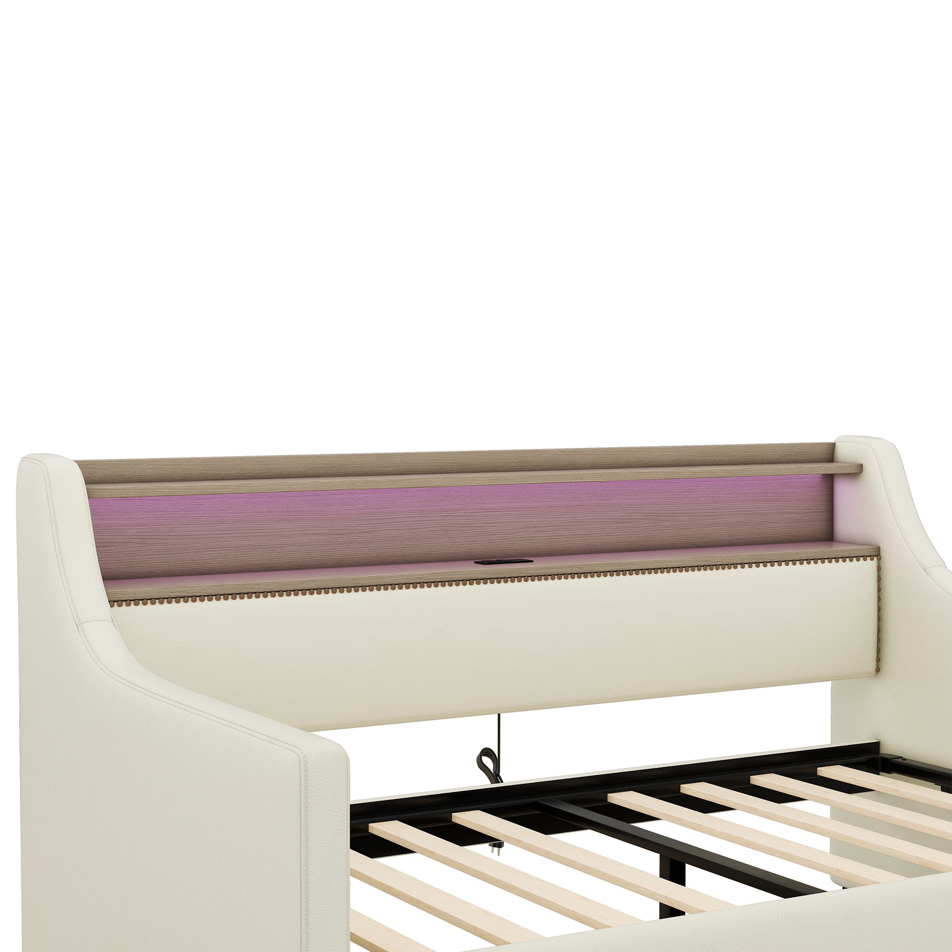Twin Size Daybed With Hydraulic Storage, Upholstered Daybed With Lift Up Storage, Twin Leather Daybed With Charging Station And Led Lights,Beige Twin Beige Pu Leather