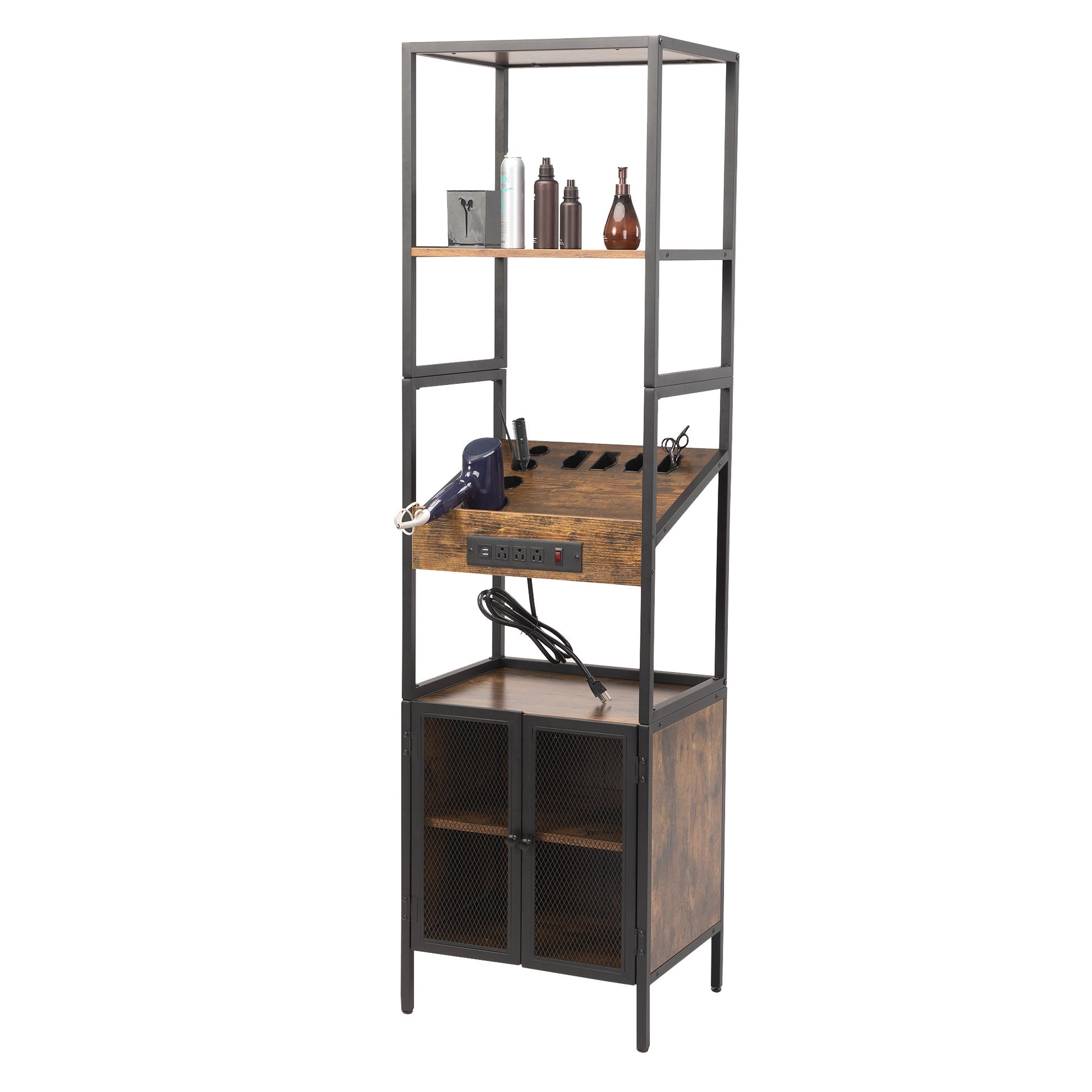 Salon Storage Cabinet With Open Shelves And Hair Dryer Holders, Vintage Brown Brown Mdf
