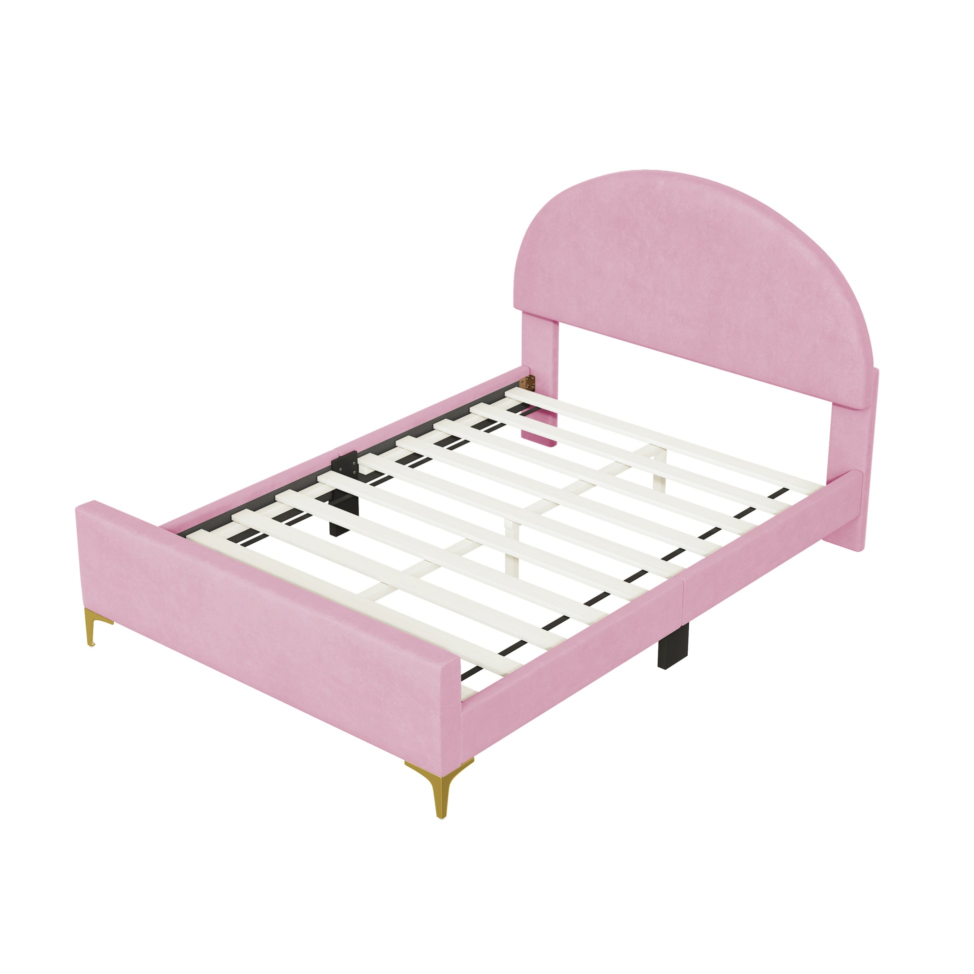 Full Size Upholstered Platform Bed With Classic Semi Circle Shaped Headboard And Mental Legs, Velvet, Pink Pink Velvet