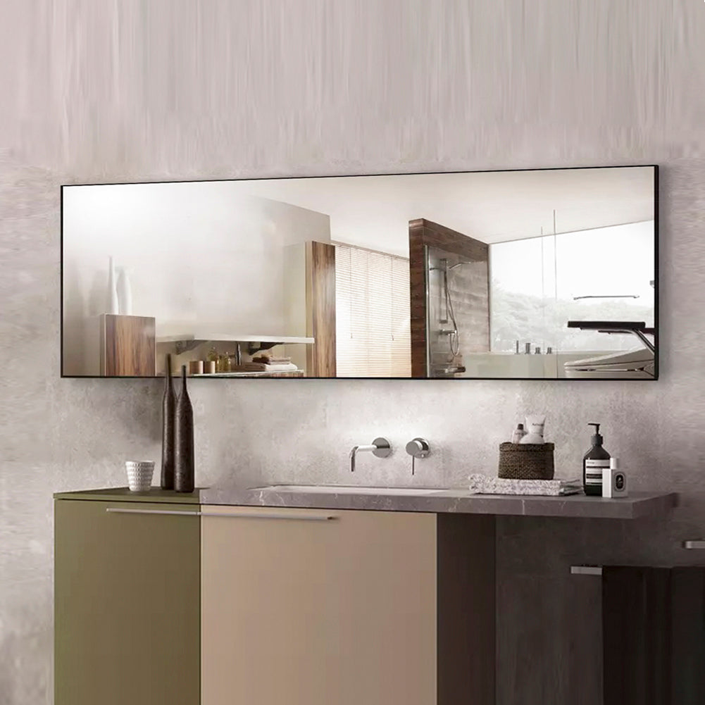 Tempered Mirror 59" X 16" Tall Full Length Mirror With Stand, Black Wall Mounting Full Body Mirror, Metal Frame Full Length Mirror For Living Room, Bedroom Black Glass