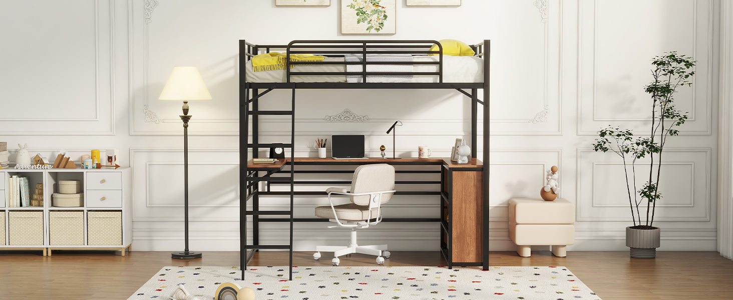 Twin Size Metal Loft Bed With 3 Layers Of Shelves And L Shaped Desk, Black Black Metal