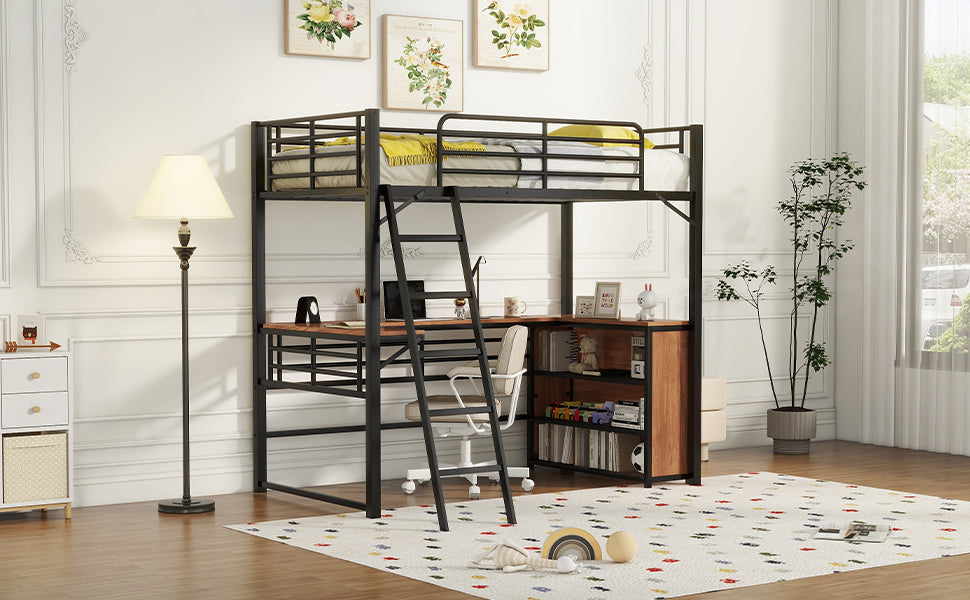 Twin Size Metal Loft Bed With 3 Layers Of Shelves And L Shaped Desk, Black Black Metal