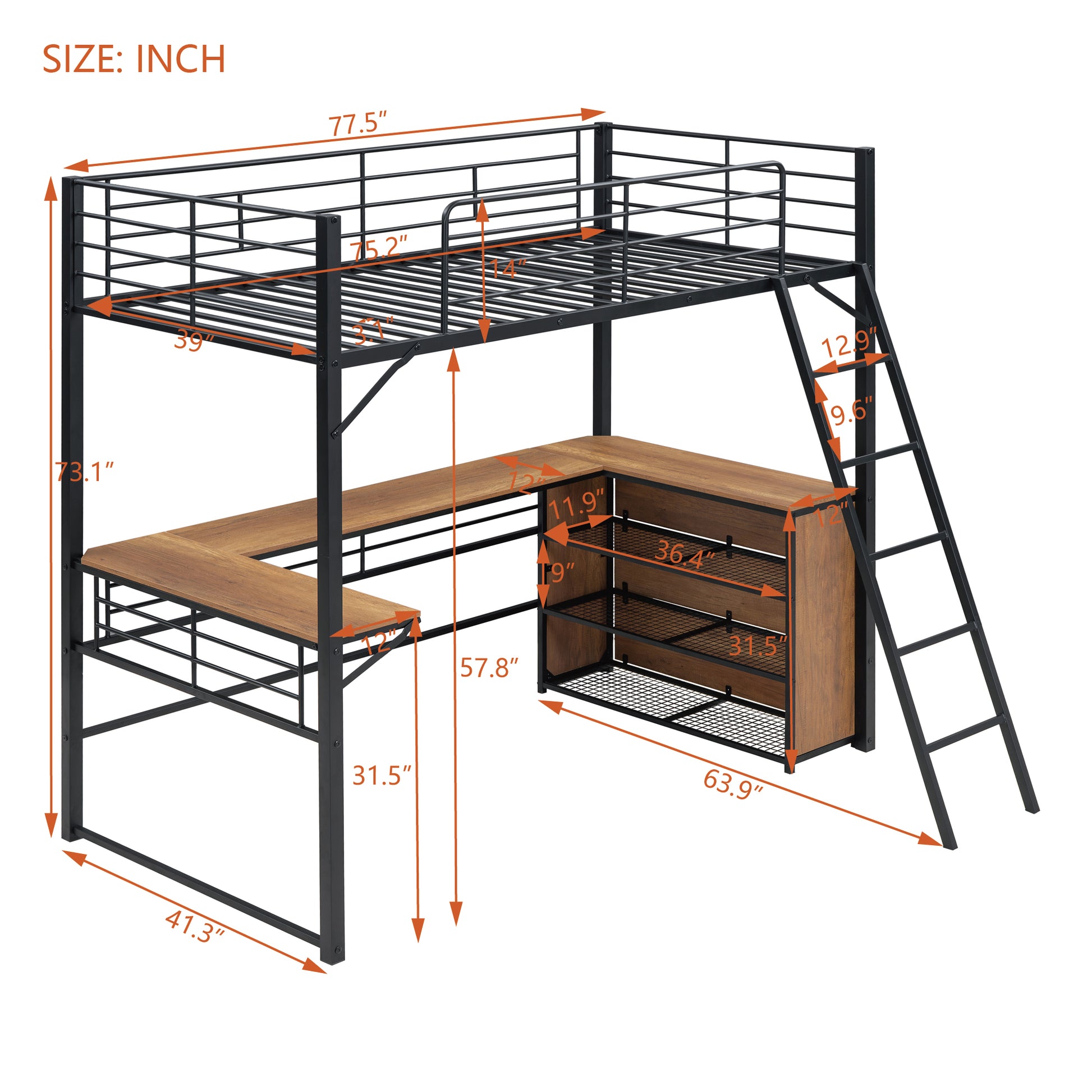 Twin Size Metal Loft Bed With 3 Layers Of Shelves And L Shaped Desk, Black Black Metal