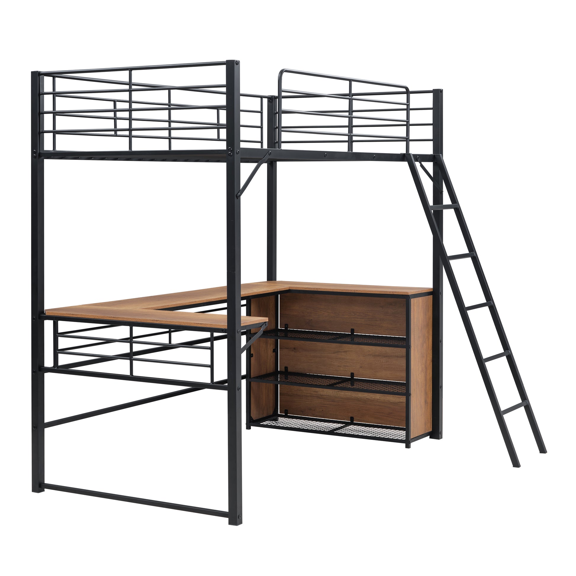 Twin Size Metal Loft Bed With 3 Layers Of Shelves And L Shaped Desk, Black Black Metal