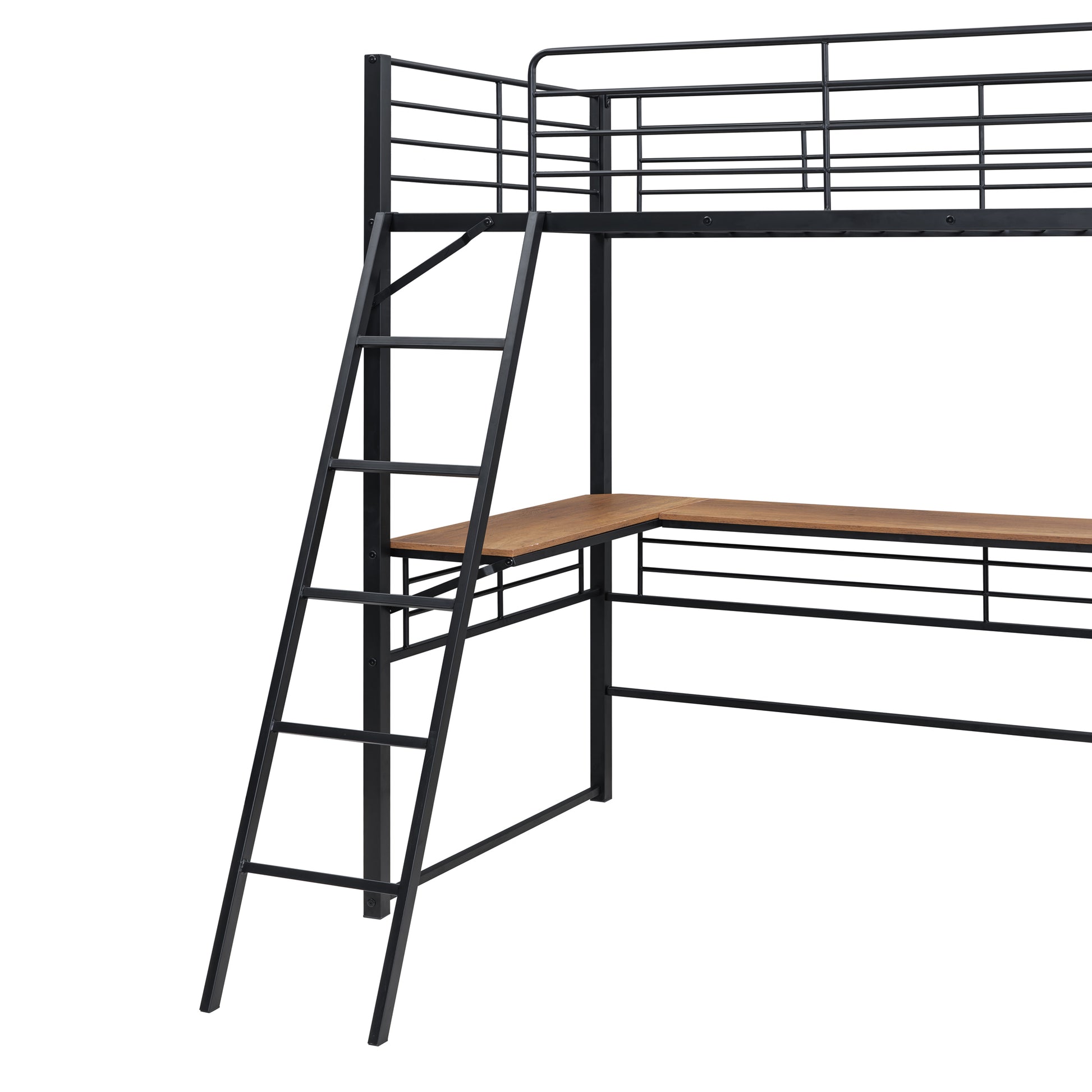 Twin Size Metal Loft Bed With 3 Layers Of Shelves And L Shaped Desk, Black Black Metal