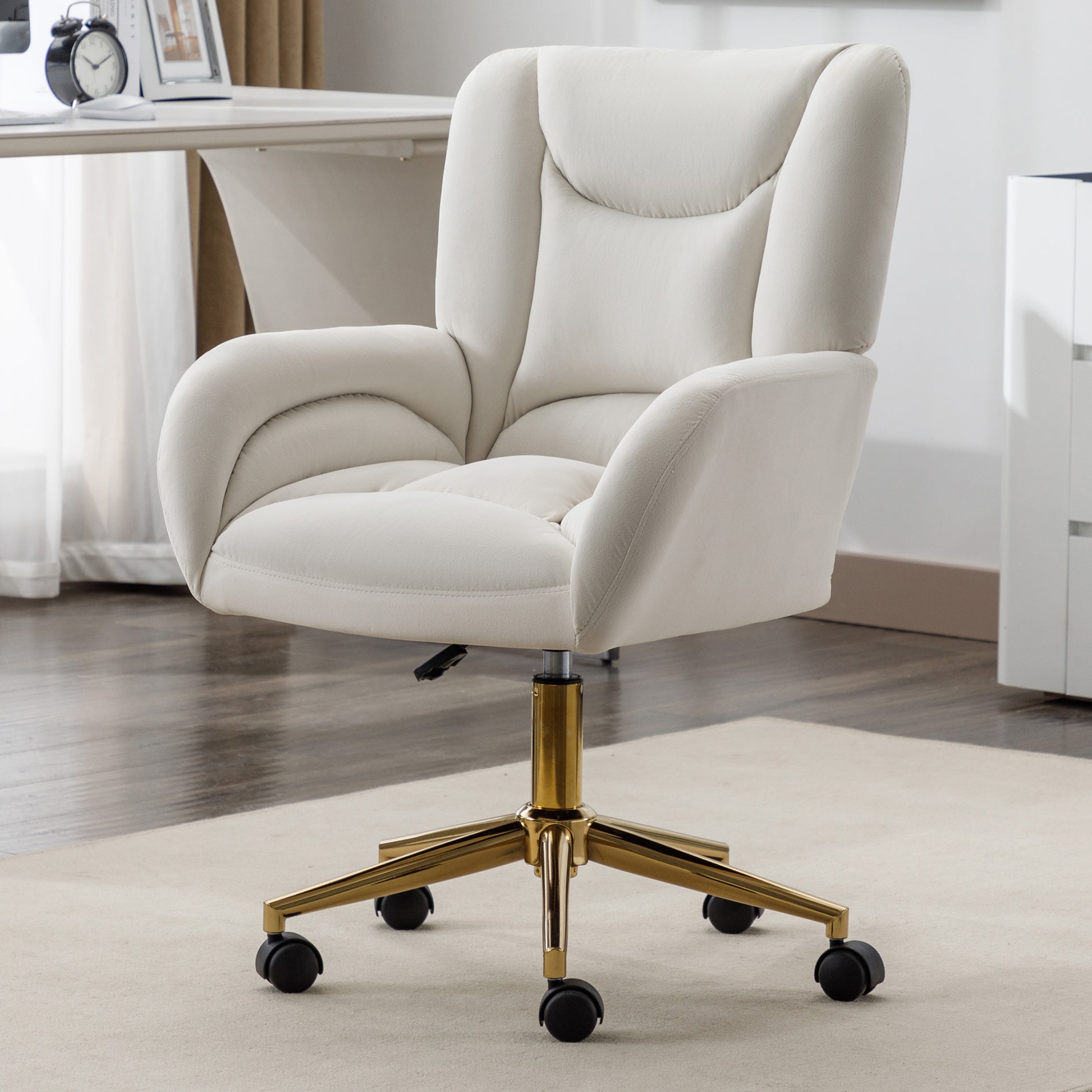 005 Velvet Fabric 360 Swivel Home Office Chair With Gold Metal Base And Universal Wheels,Ivory Solid Ivory Office Sponge Wipe Clean Modern Office Chairs Tufted Back Foam Swivel Velvet