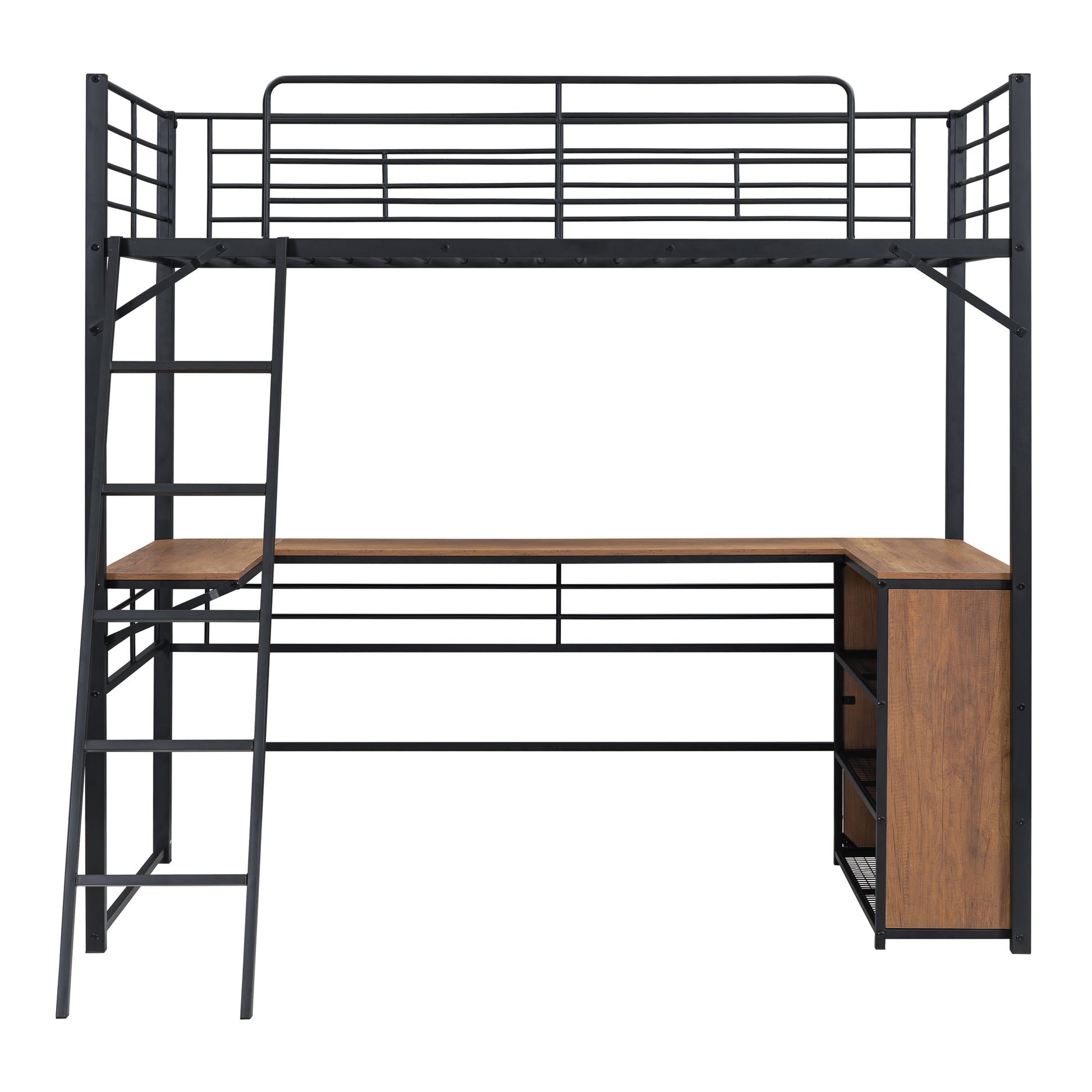 Twin Size Metal Loft Bed With 3 Layers Of Shelves And L Shaped Desk, Black Black Metal