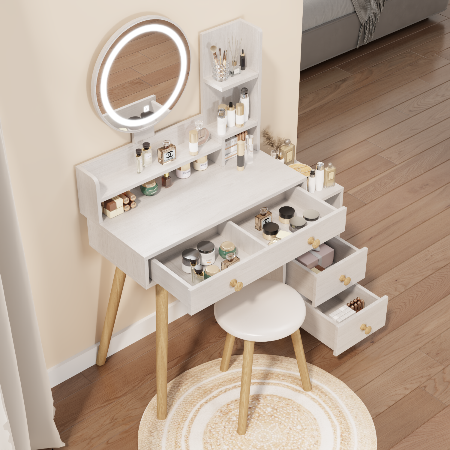 Round Mirror Bedside Cabinet Vanity Table Cushioned Stool, 17" Diameter Led Mirror, Touch Control, 3 Color, Brightness Adjustable, Large Desktop, Right Bedside Cabinet, Multi Layer Storage White Oak Mdf