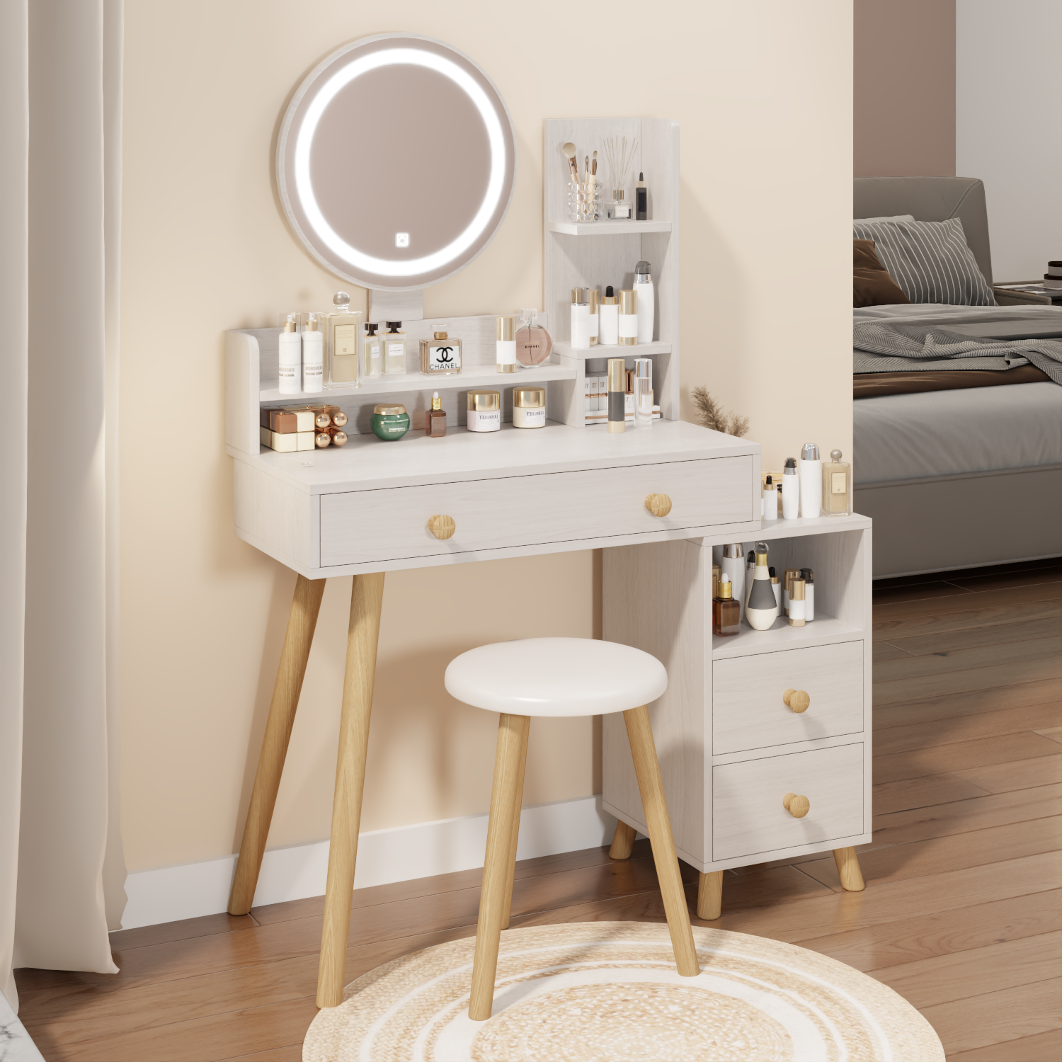 Round Mirror Bedside Cabinet Vanity Table Cushioned Stool, 17" Diameter Led Mirror, Touch Control, 3 Color, Brightness Adjustable, Large Desktop, Right Bedside Cabinet, Multi Layer Storage White Oak Mdf