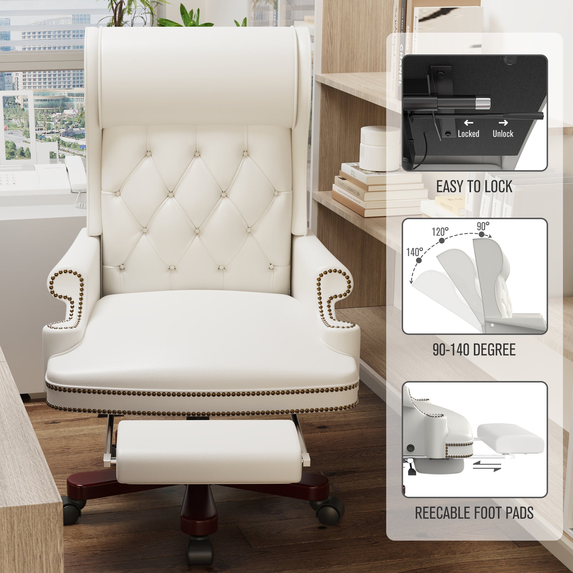 330Lbs Executive Office Chair With Footstool, Ergonomic Design High Back Reclining Comfortable Desk Chair White White Pu Leather