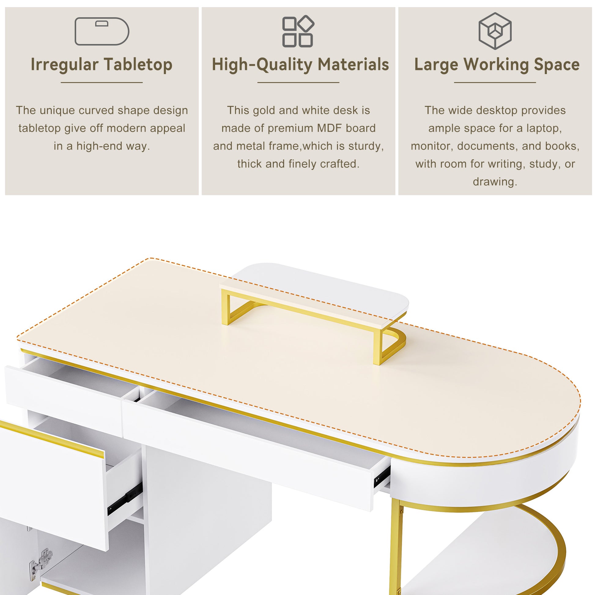 60''Modern Executive Desk,White Curved Computer Desk With Gold Metal Legs,3 Drawers Home Office Desk,Writing Desk With 1 Storage Cabinet For Home Office,Living Room,Gold White Gold White Mdf