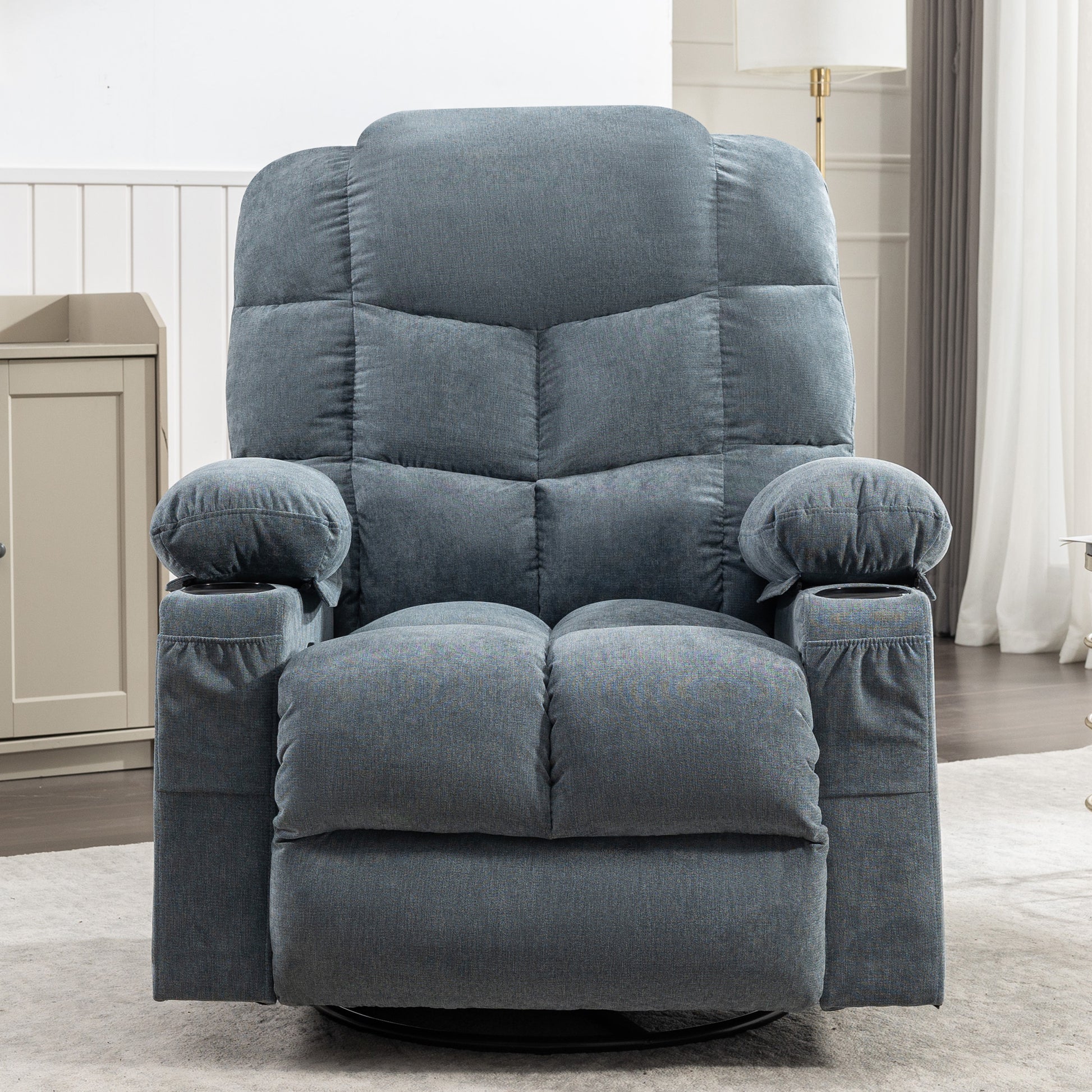 Massage Rocker Recliner Chair Rocking Chairs For Adults Oversized With 2 Cup Holders, Usb Charge Port Soft Features A Manual Massage And Heat.A B Blue Blue Soft Heavy Duty Foam Metal & Wood