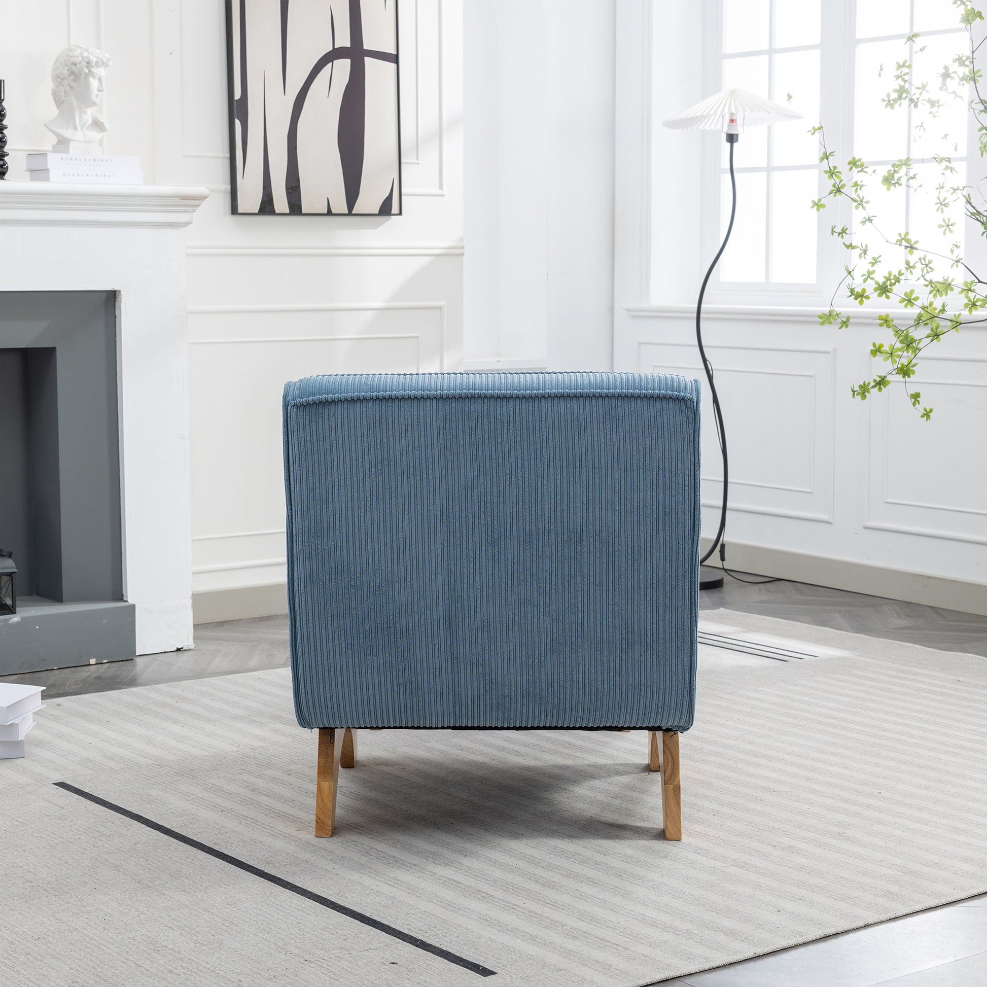 29.13" Wide Accent Chair With Ottoman Lounge Armless Chair Upholstered Reading Chair Single Sofa With Nature Wooden Leg And Throw Pillow For Living Room Bedroom Dorm Room Office, Blue Corduroy Blue Corduroy