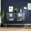 Double Door Tempered Glass Sideboard Console Table With 2 Fluted Glass Doors Adjustable Shelf And Feet Anti Tip Dust Free Kitchen Credenza Cabinet Blue Blue Tempered Glass Sheet Metal Plastic
