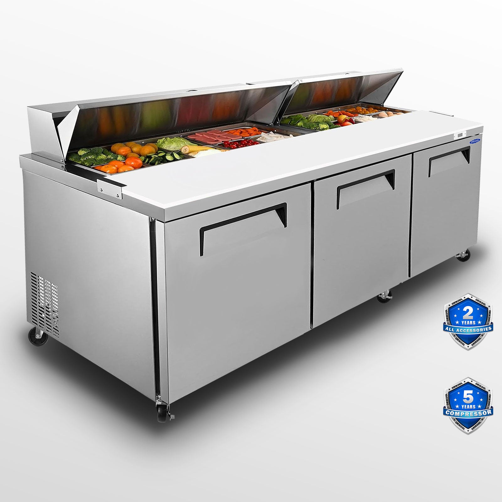 Orikool 72 In Commercial Refrigerators Sandwich&Salad Prep Table With A Butcher Block Cutting Board, Protection Lid, Cold Storage, Etl Certified Silver Stainless Steel