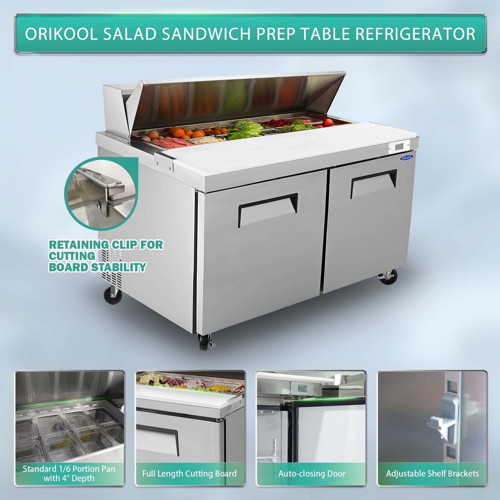 Orikool 60 In Commercial Refrigerators Sandwich&Salad Prep Table With A Butcher Block Cutting Board, Protection Lid, Cold Storage, Etl Certified Silver Stainless Steel