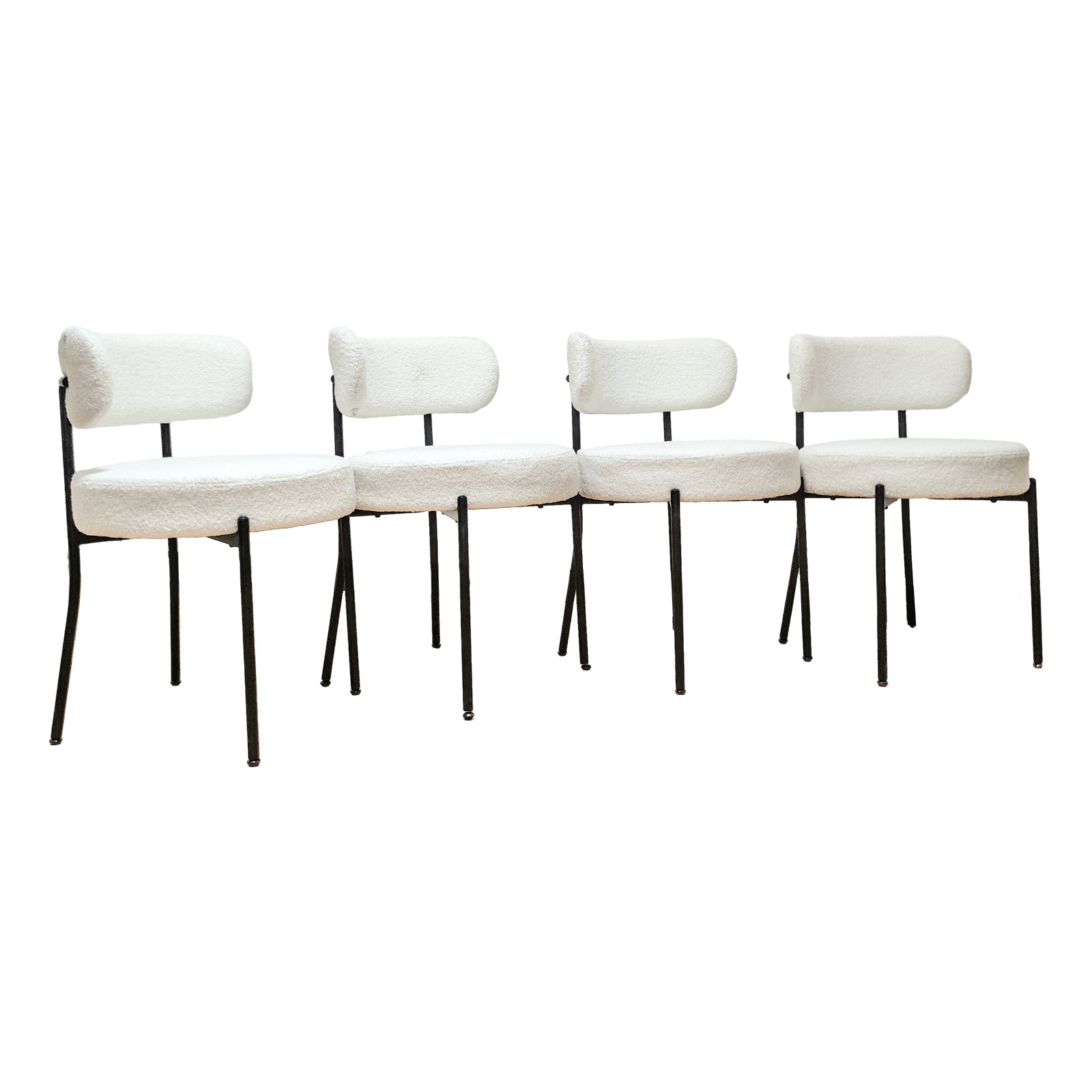 White Dining Chairs Set Of 4, Mid Century Modern Dining Chairs, Kitchen Dining Room Chairs, Curved Backrest Round Upholstered Boucle Dining Chair With Black Metal Legs Metal White Teddy Kitchen