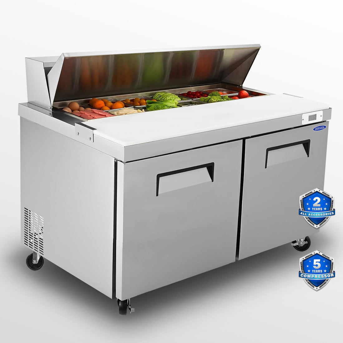 Orikool 60 In Commercial Refrigerators Sandwich&Salad Prep Table With A Butcher Block Cutting Board, Protection Lid, Cold Storage, Etl Certified Silver Stainless Steel