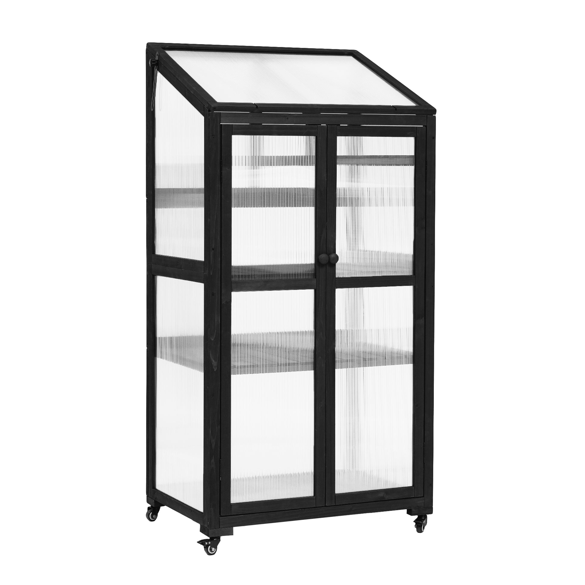 62Inch Height Wood Large Greenhouse Balcony Portable Cold Frame With Wheels And Adjustable Shelves For Outdoor Indoor Use, Black Black Garden & Outdoor Casual Wood Solid Wood