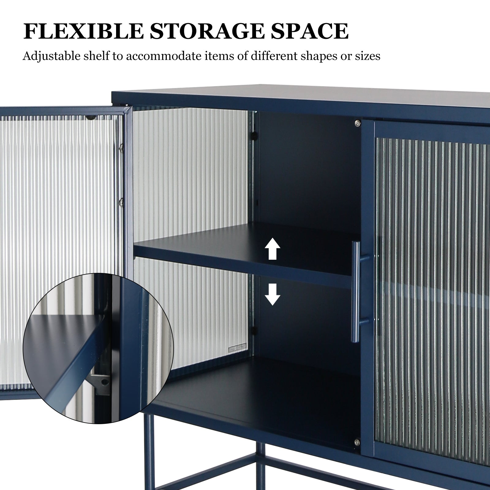 Double Door Tempered Glass Sideboard Console Table With 2 Fluted Glass Doors Adjustable Shelf And Feet Anti Tip Dust Free Kitchen Credenza Cabinet Blue Blue Tempered Glass Sheet Metal Plastic