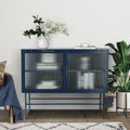 Double Door Tempered Glass Sideboard Console Table With 2 Fluted Glass Doors Adjustable Shelf And Feet Anti Tip Dust Free Kitchen Credenza Cabinet Blue Blue Tempered Glass Sheet Metal Plastic