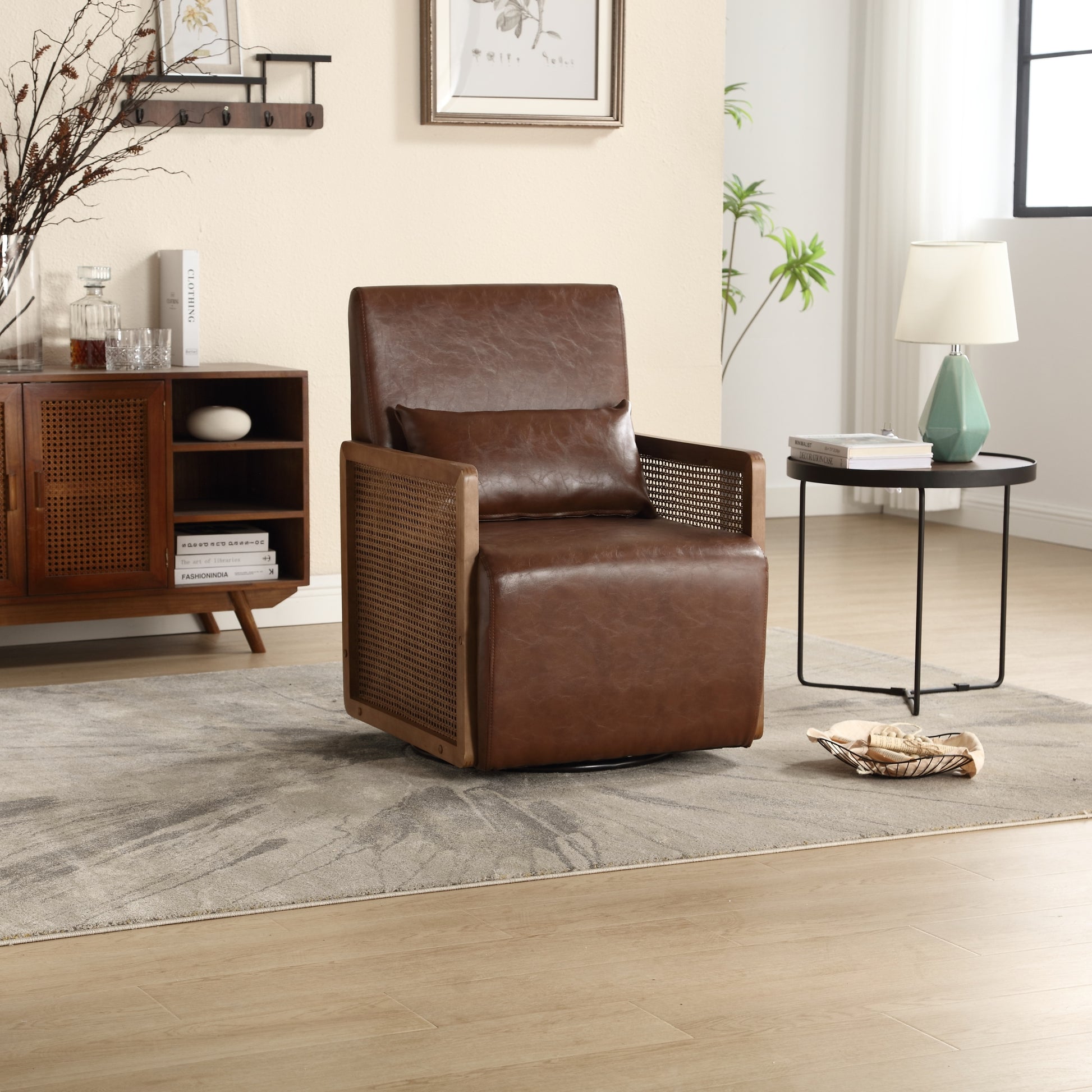 Coolmore 360 Degree Swivel Barrel Club Chair With One Pillow,Modern Comfortable Upholstered Accent Chair,Linen Accent Chair For Living Room,Bedroom Brown Pu Brown Pu Primary Living Space Modern Foam Pu Leather