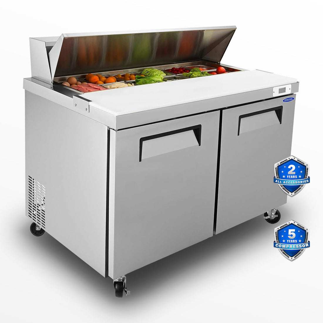 Orikool 48 In Commercial Refrigerators Sandwich&Salad Prep Table With A Butcher Block Cutting Board, Protection Lid, Cold Storage, Etl Certified Silver Stainless Steel