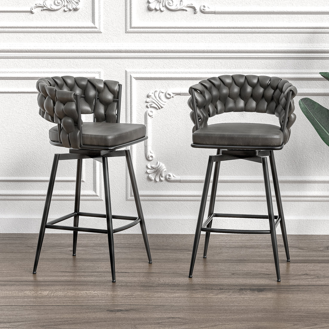 Technical Leather Woven Bar Stool Set Of 2,Black Legs Barstools No Adjustable Kitchen Island Chairs,360 Swivel Bar Stools Upholstered Counter Stool Arm Chairs With Back Footrest, Tan Metal Black Brown Kitchen Dining Chairs Foam Technical Leather