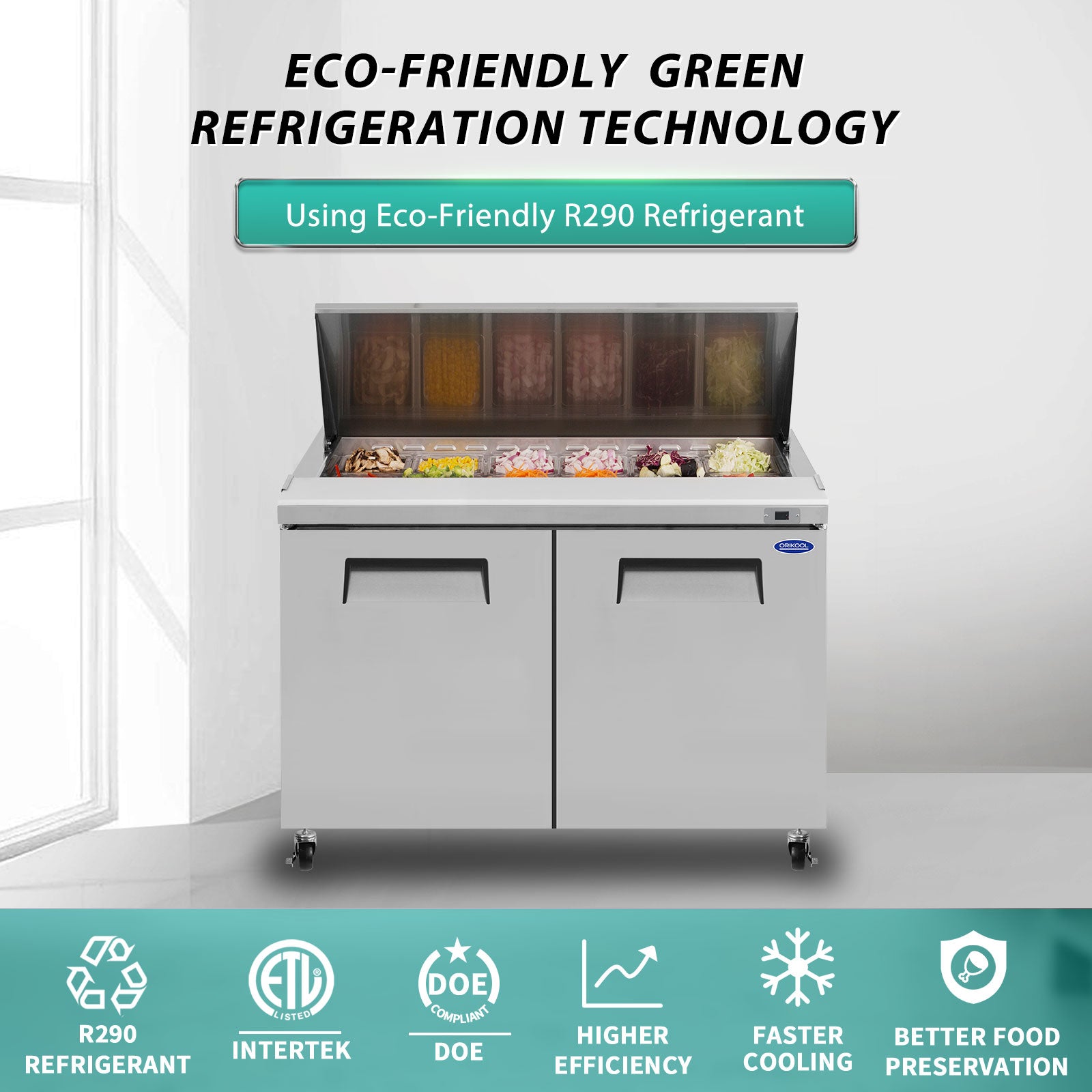 Orikool 48 In Commercial Refrigerators Sandwich&Salad Prep Table With A Butcher Block Cutting Board, Protection Lid, Cold Storage, Etl Certified Silver Stainless Steel