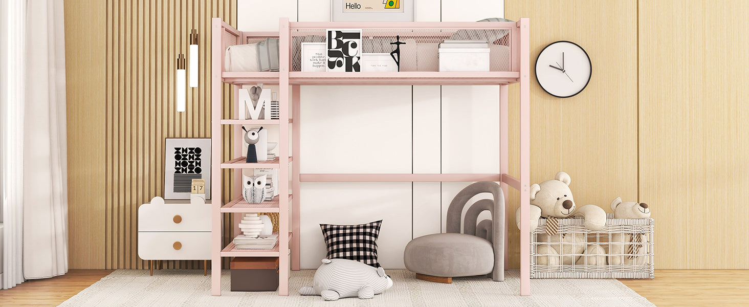 Twin Size Metal Loft Bed With 4 Tier Shelves And Storage, Pink Pink Metal