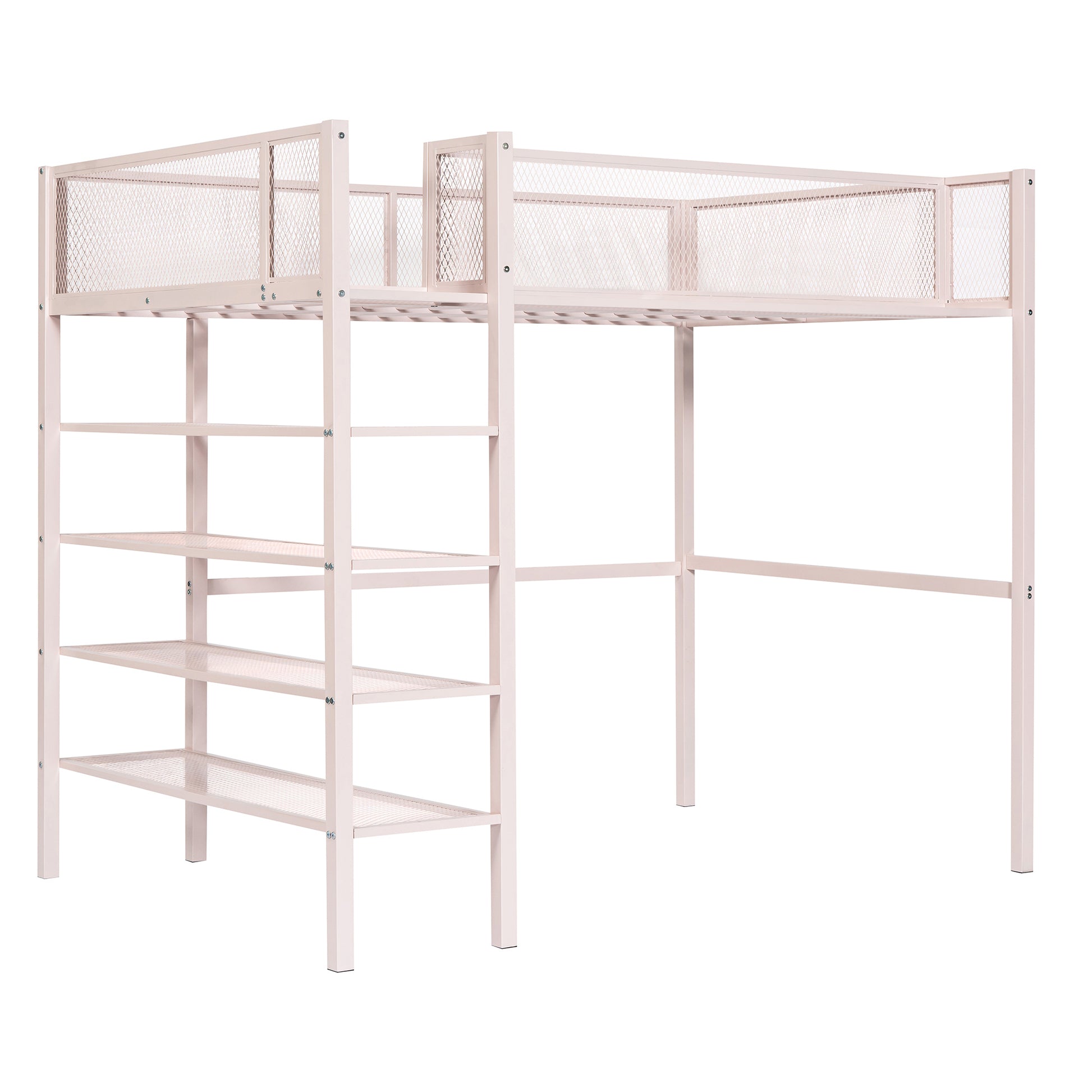 Twin Size Metal Loft Bed With 4 Tier Shelves And Storage, Pink Pink Metal