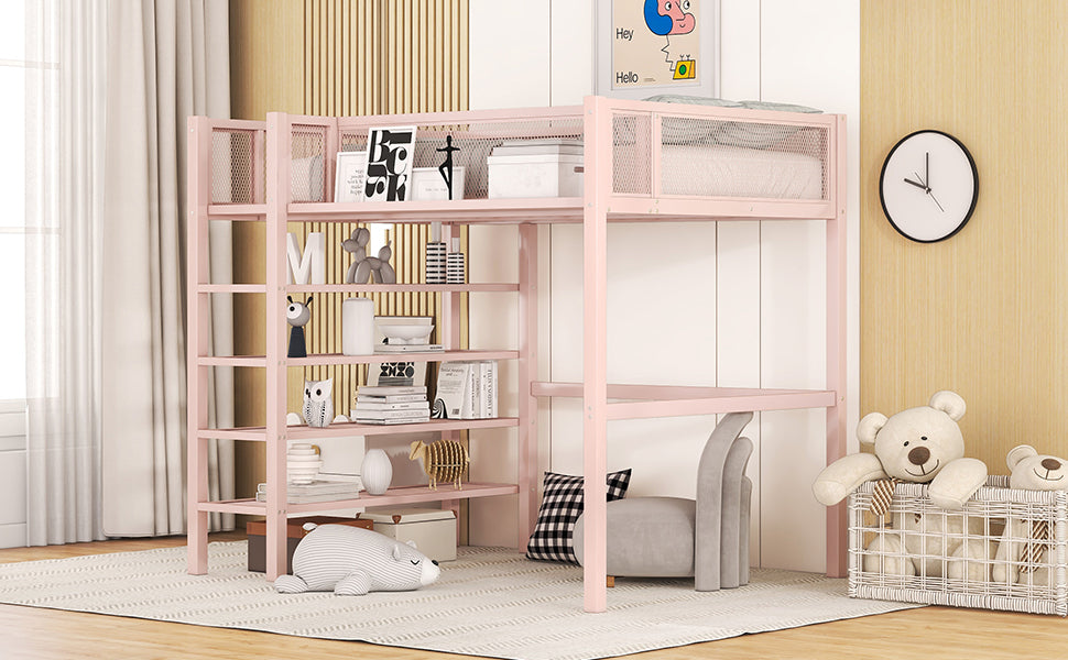 Twin Size Metal Loft Bed With 4 Tier Shelves And Storage, Pink Pink Metal