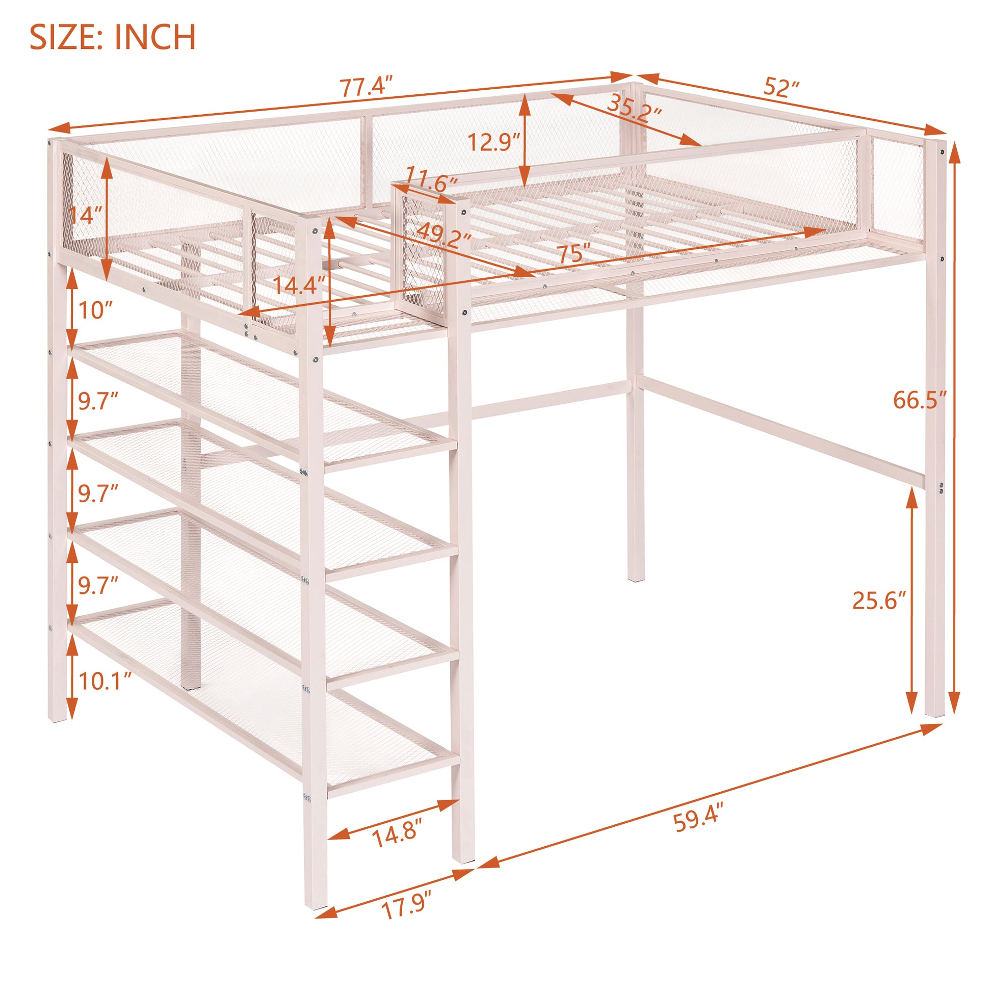 Twin Size Metal Loft Bed With 4 Tier Shelves And Storage, Pink Pink Metal