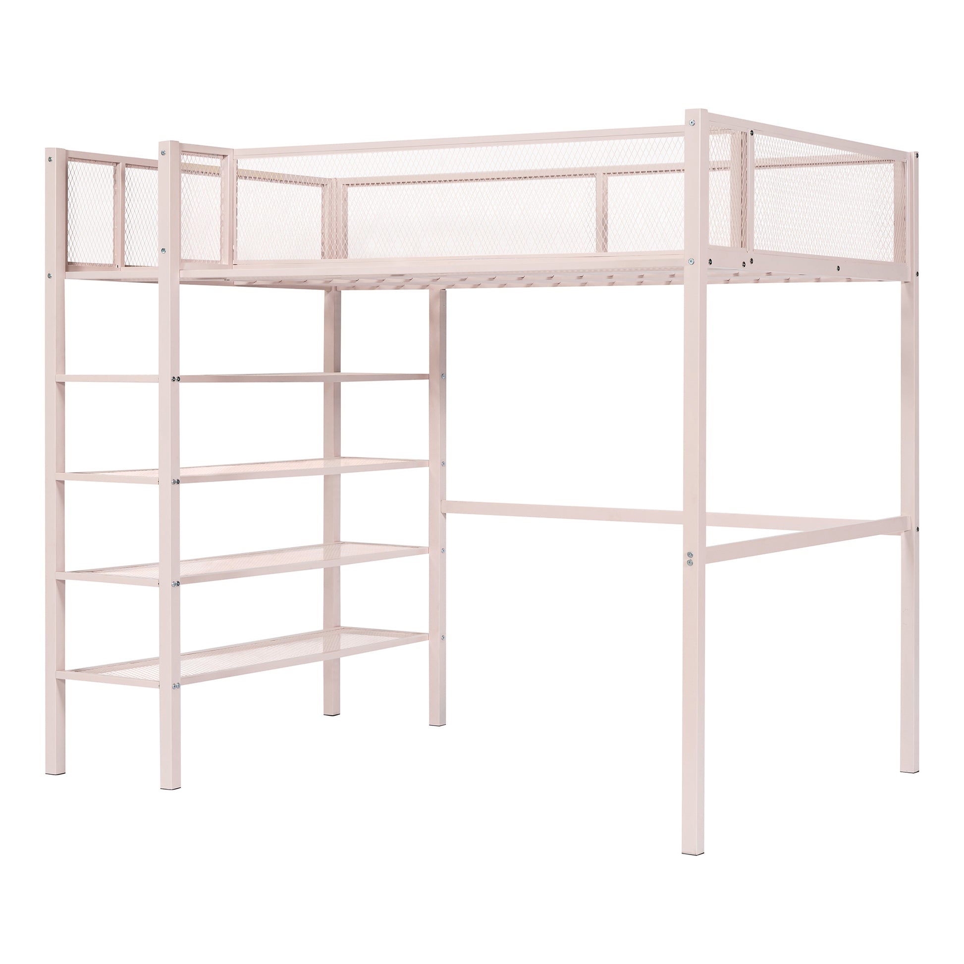 Twin Size Metal Loft Bed With 4 Tier Shelves And Storage, Pink Pink Metal