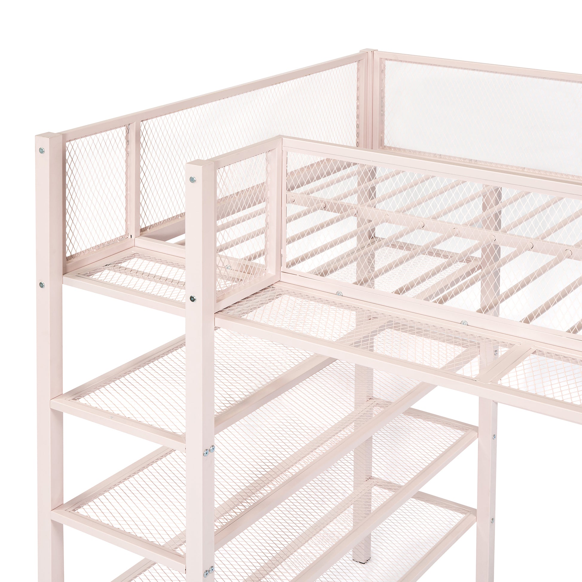 Twin Size Metal Loft Bed With 4 Tier Shelves And Storage, Pink Pink Metal