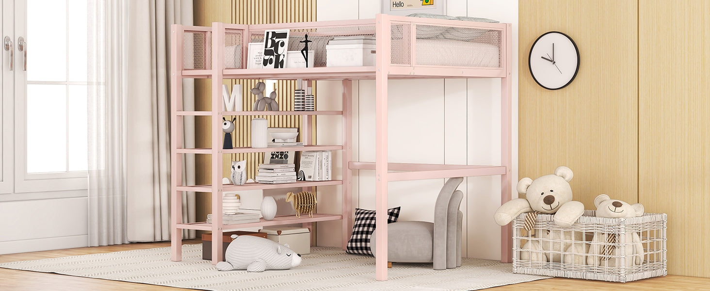 Twin Size Metal Loft Bed With 4 Tier Shelves And Storage, Pink Pink Metal