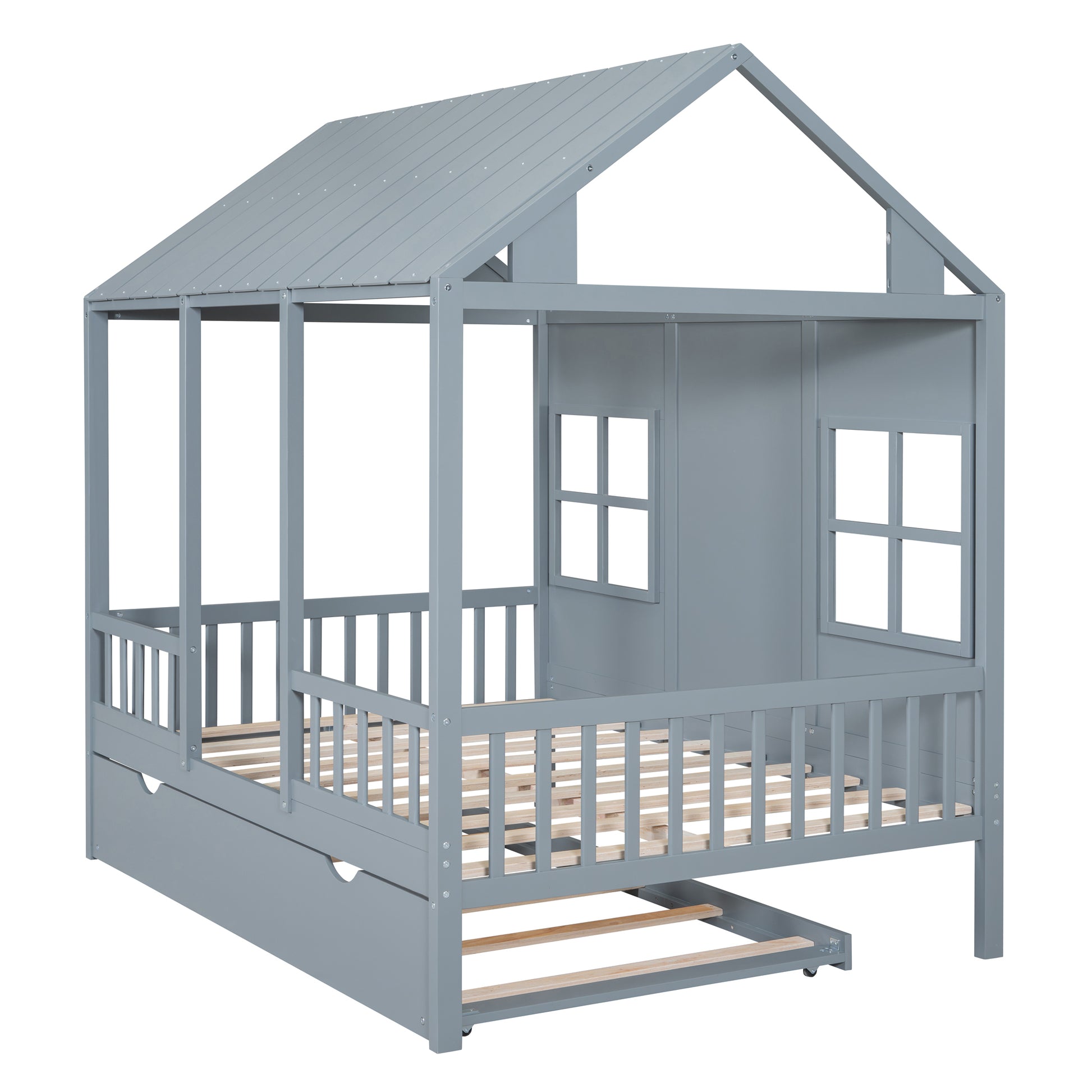 Full Size Wood House Bed With Twin Size Trundle, Wooden Daybed, Gray Full Gray Solid Wood