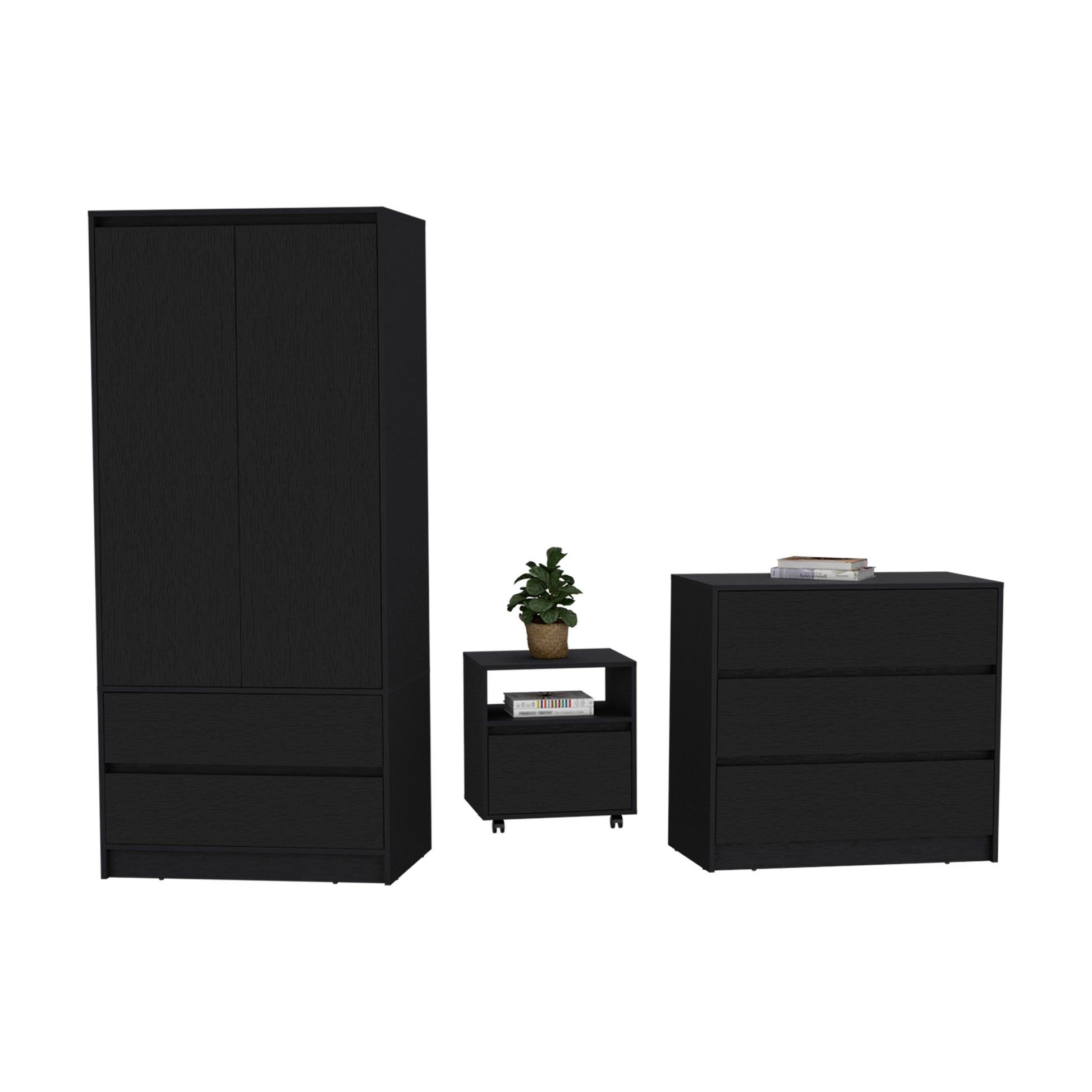 Beloit 3 Piece Bedroom Set, Nightstand Dresser Armoire, Black Black Particle Board Engineered Wood
